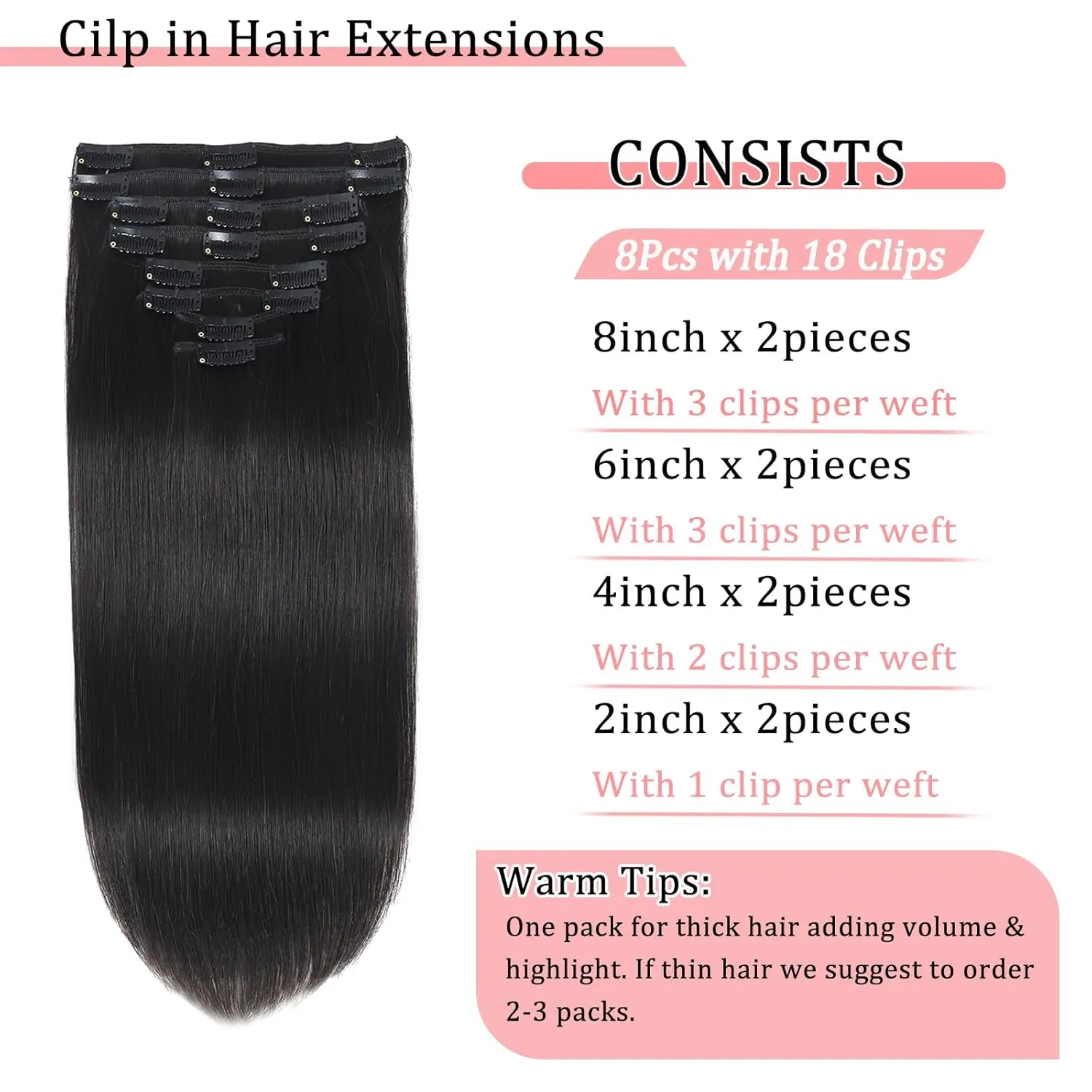 Clip in Hair Extensions Real Human Hair Clip in Extensions for Women Seamless Invisible Natural Black Straight Remy 100% Human Clips ins Extension 8pcs Double Weft 24 inch 4.2oz/120g