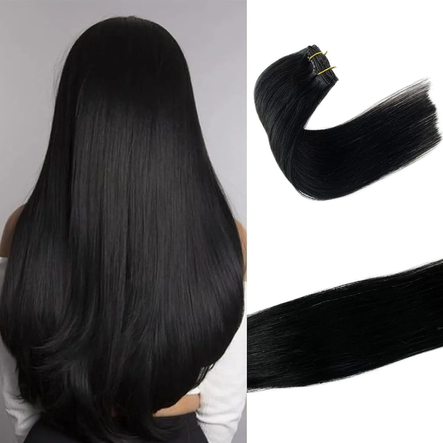 Clip in Hair Extensions Real Human Hair, Jet Black Natural Remy Hair Extensions Seamless Clip in Human Hair 70g 7pcs Full Ends Clip in Hair Extensions 12inch