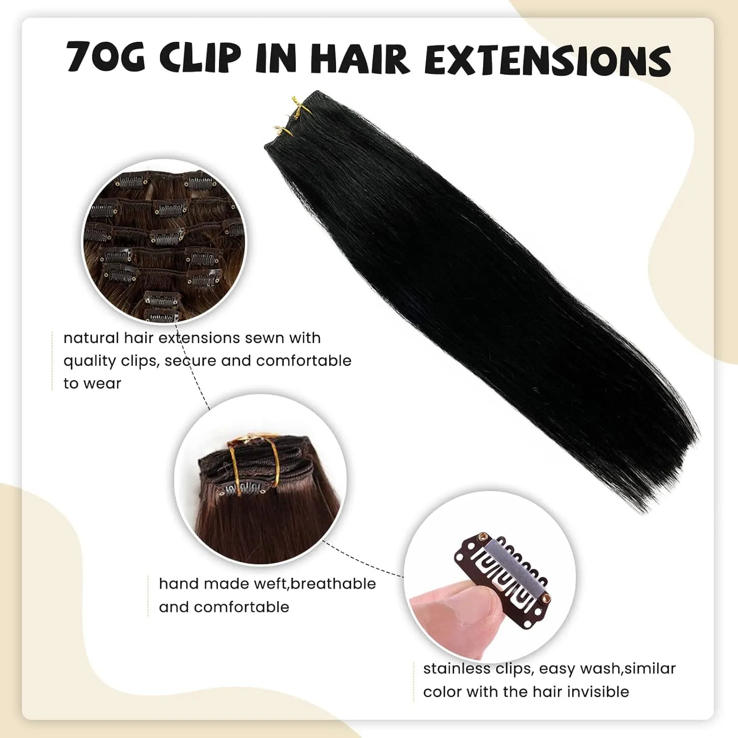 Clip in Hair Extensions Real Human Hair, Jet Black Natural Remy Hair Extensions Seamless Clip in Human Hair 70g 7pcs Full Ends Clip in Hair Extensions 12inch