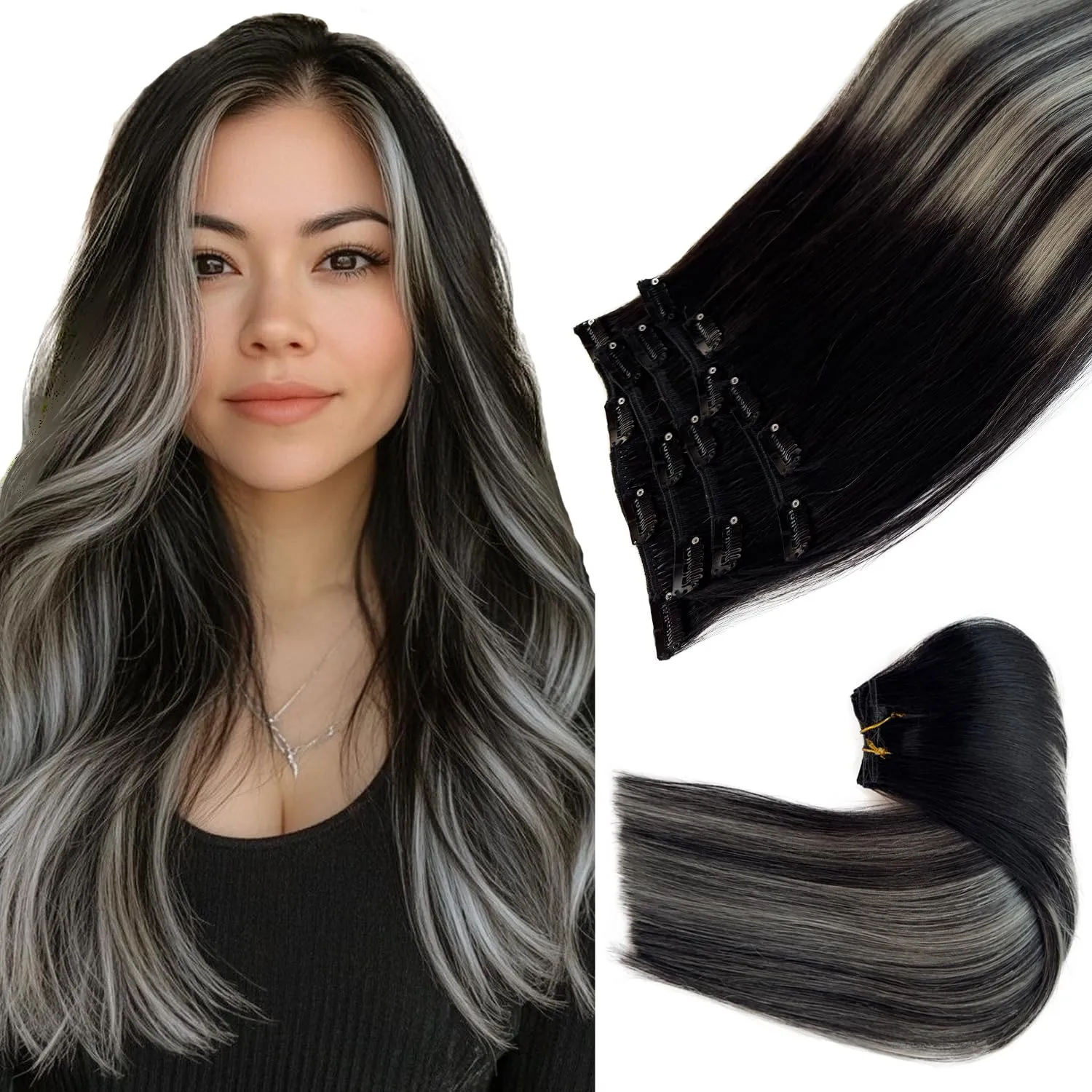 Clip in Hair Extensions Real Human Hair, Ombre Black Balayage Silver Highlights Hair Extension Real Human Hair Clip ins 14 Inch 7pcs Double Weft Hair Extensions Remy Human Hair Clip in Extensions 70G