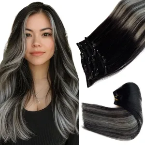 Clip in Hair Extensions Real Human Hair, Ombre Black Balayage Silver Highlights Hair Extension Real Human Hair Clip ins 14 Inch 7pcs Double Weft Hair Extensions Remy Human Hair Clip in Extensions 70G