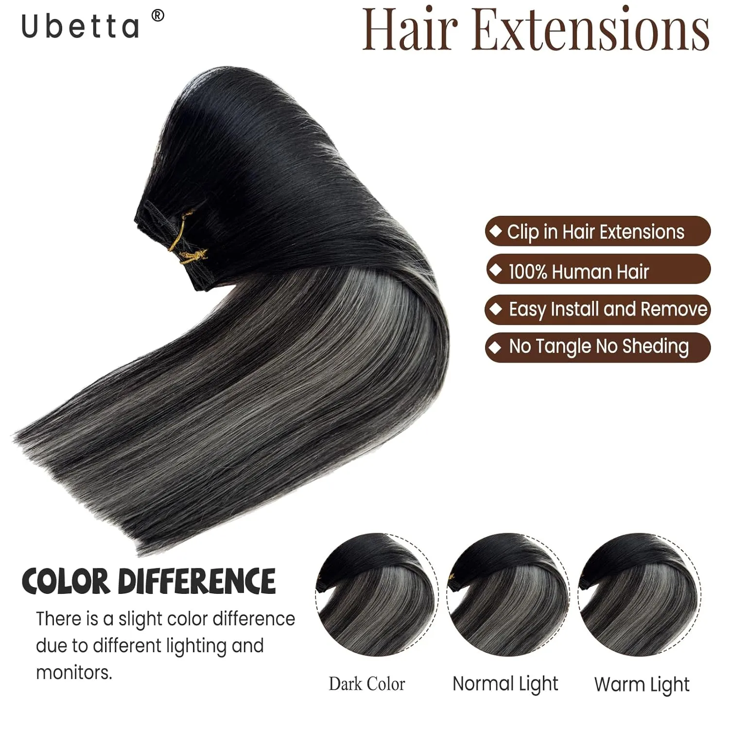 Clip in Hair Extensions Real Human Hair, Ombre Black Balayage Silver Highlights Hair Extension Real Human Hair Clip ins 14 Inch 7pcs Double Weft Hair Extensions Remy Human Hair Clip in Extensions 70G