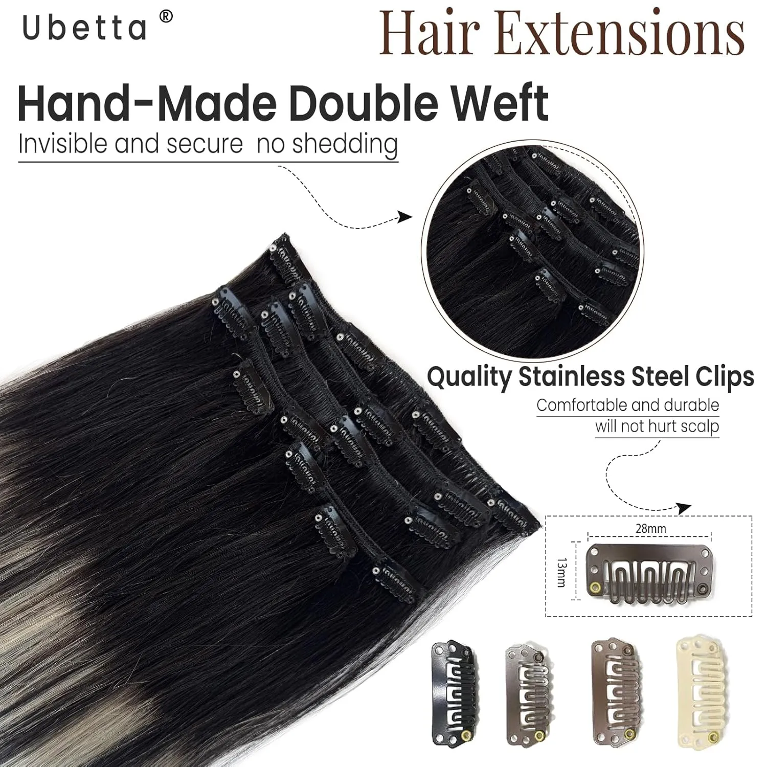 Clip in Hair Extensions Real Human Hair, Ombre Black Balayage Silver Highlights Hair Extension Real Human Hair Clip ins 14 Inch 7pcs Double Weft Hair Extensions Remy Human Hair Clip in Extensions 70G