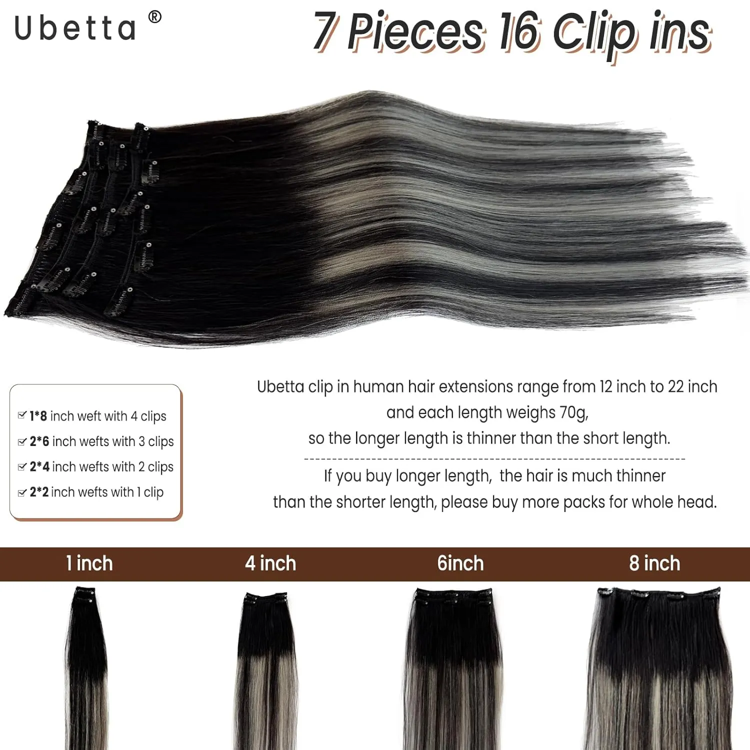 Clip in Hair Extensions Real Human Hair, Ombre Black Balayage Silver Highlights Hair Extension Real Human Hair Clip ins 14 Inch 7pcs Double Weft Hair Extensions Remy Human Hair Clip in Extensions 70G