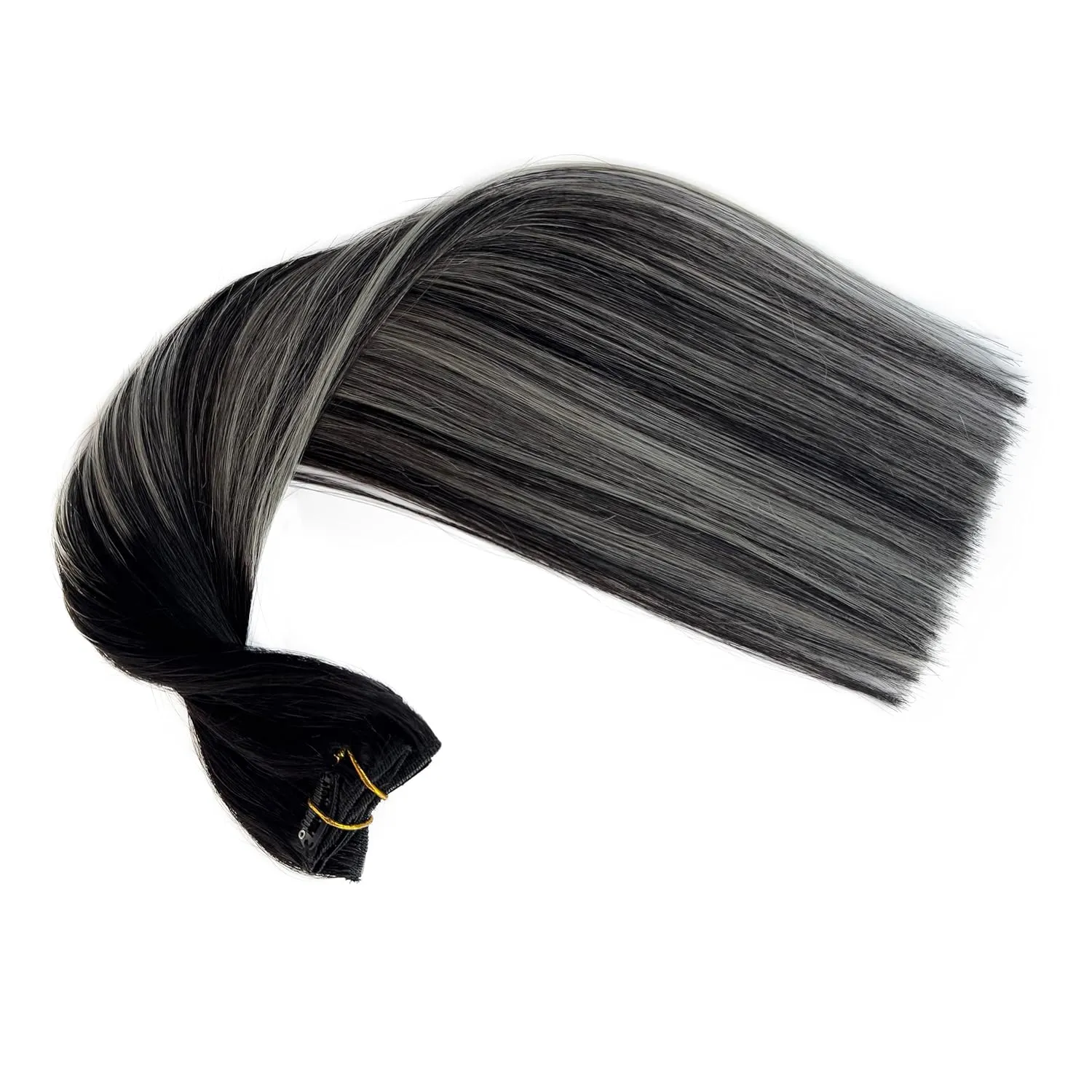 Clip in Hair Extensions Real Human Hair, Ombre Black Balayage Silver Highlights Hair Extension Real Human Hair Clip ins 14 Inch 7pcs Double Weft Hair Extensions Remy Human Hair Clip in Extensions 70G