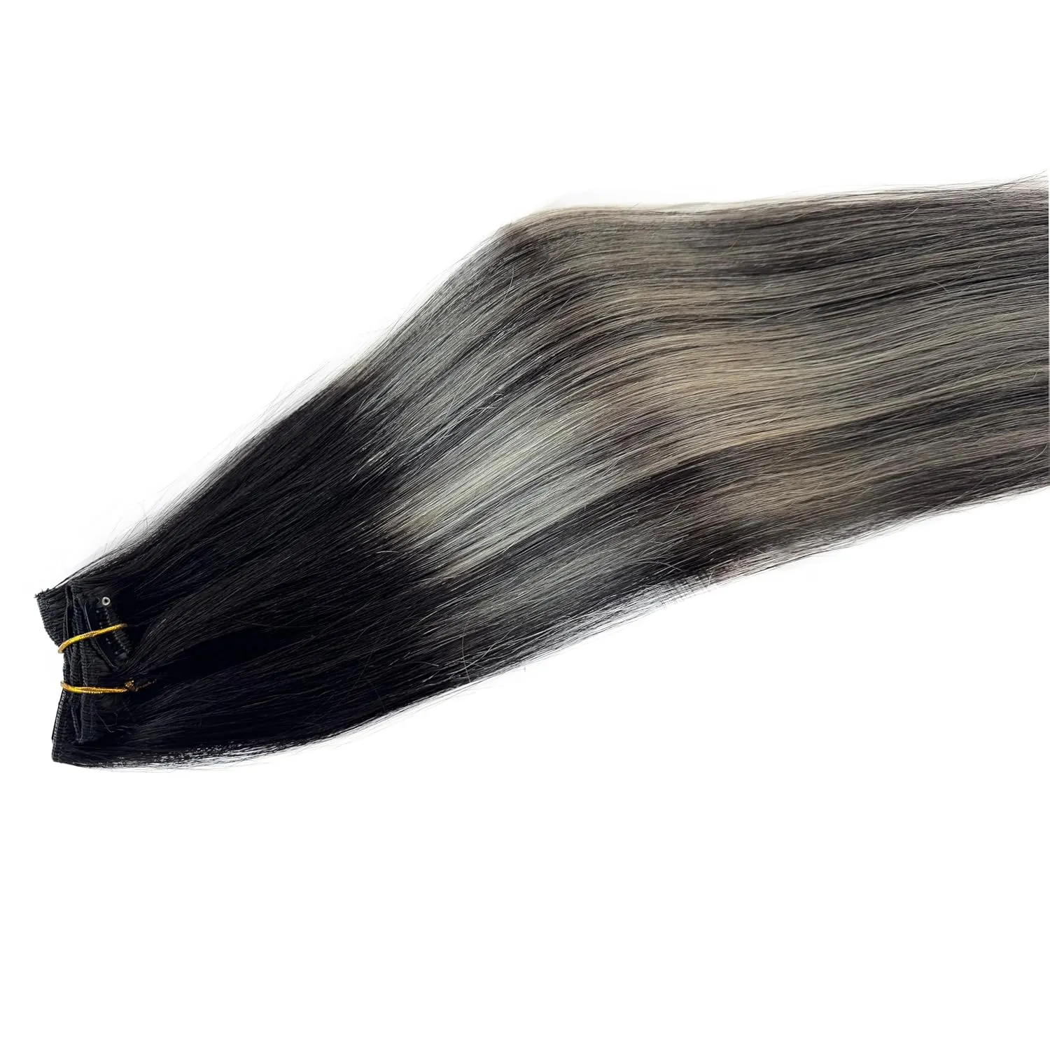 Clip in Hair Extensions Real Human Hair, Ombre Black Balayage Silver Highlights Hair Extension Real Human Hair Clip ins 14 Inch 7pcs Double Weft Hair Extensions Remy Human Hair Clip in Extensions 70G