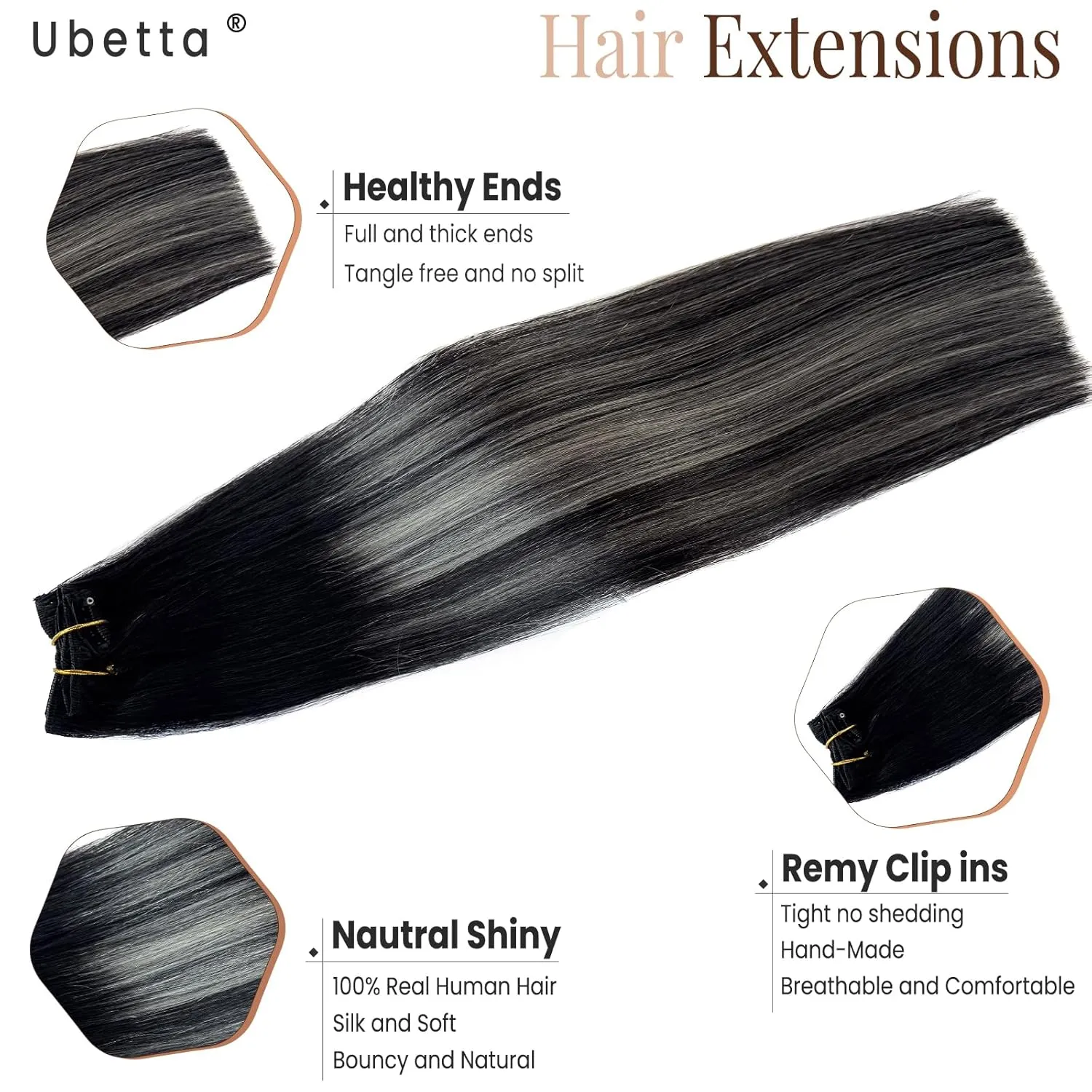 Clip in Hair Extensions Real Human Hair, Ombre Black Balayage Silver Highlights Hair Extension Real Human Hair Clip ins 14 Inch 7pcs Double Weft Hair Extensions Remy Human Hair Clip in Extensions 70G