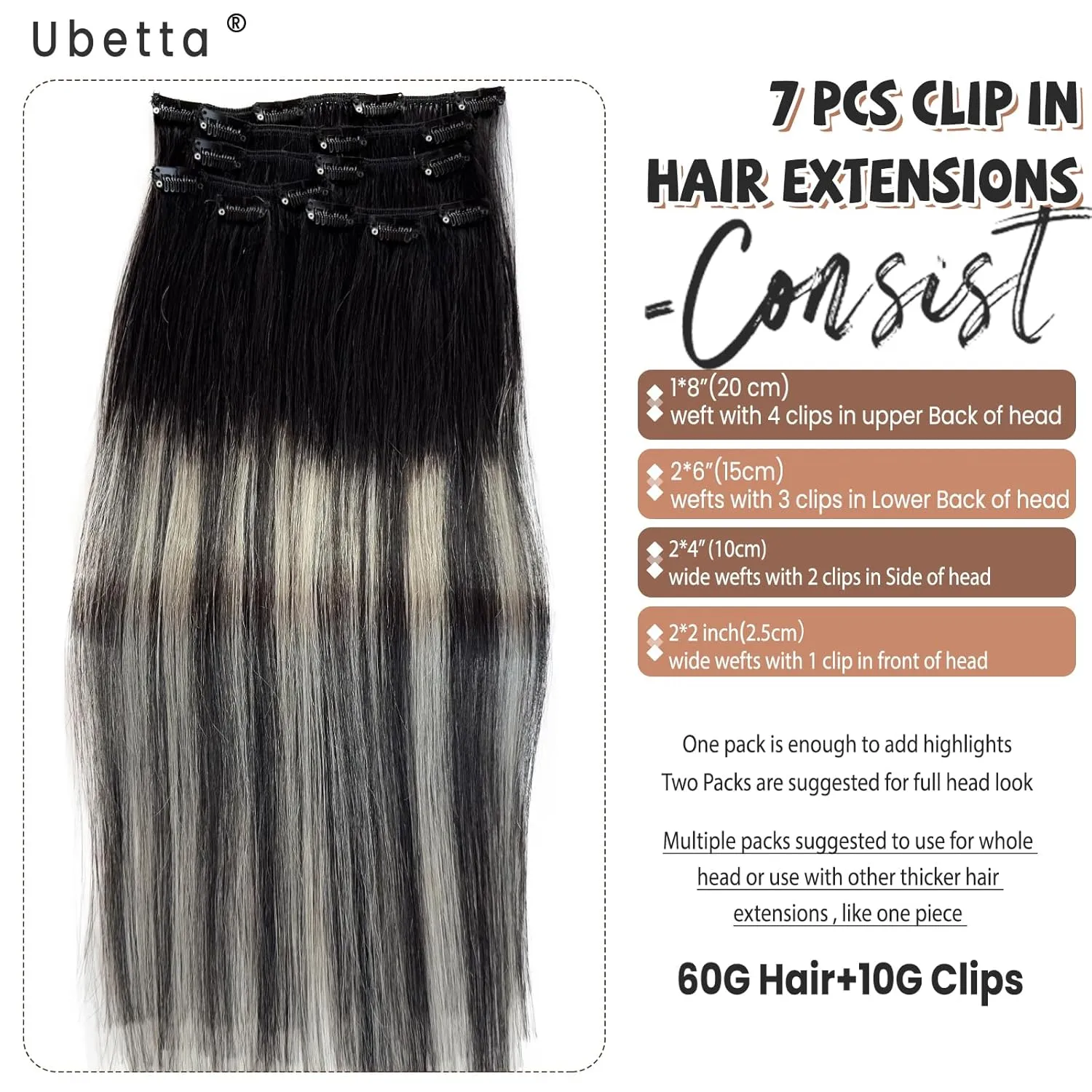 Clip in Hair Extensions Real Human Hair, Ombre Black Balayage Silver Highlights Hair Extension Real Human Hair Clip ins 14 Inch 7pcs Double Weft Hair Extensions Remy Human Hair Clip in Extensions 70G