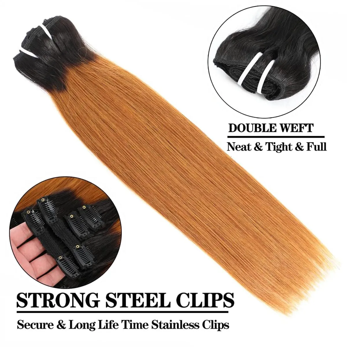 Clip in Hair Extensions Real Human Hair Ombre Brown Clip in Hair Extensions Black Women, 1B/30 Brown Clip In Human Hair Extension, 8pcs Double Weft Handmade Per Set with 18clips 16 Inch