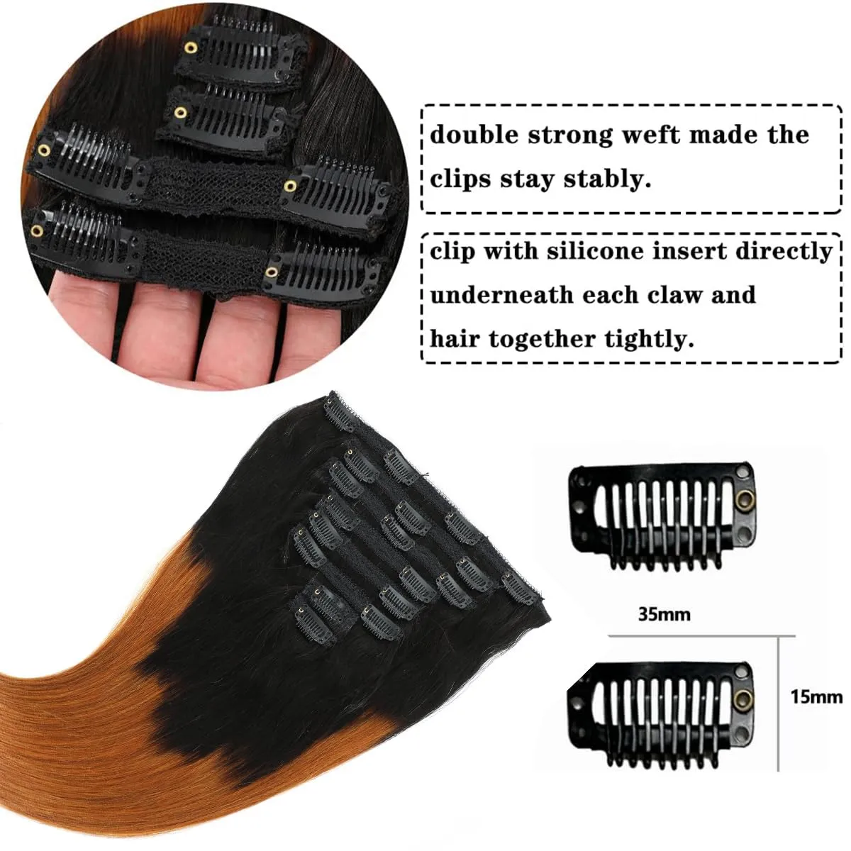 Clip in Hair Extensions Real Human Hair Ombre Brown Clip in Hair Extensions Black Women, 1B/30 Brown Clip In Human Hair Extension, 8pcs Double Weft Handmade Per Set with 18clips 16 Inch