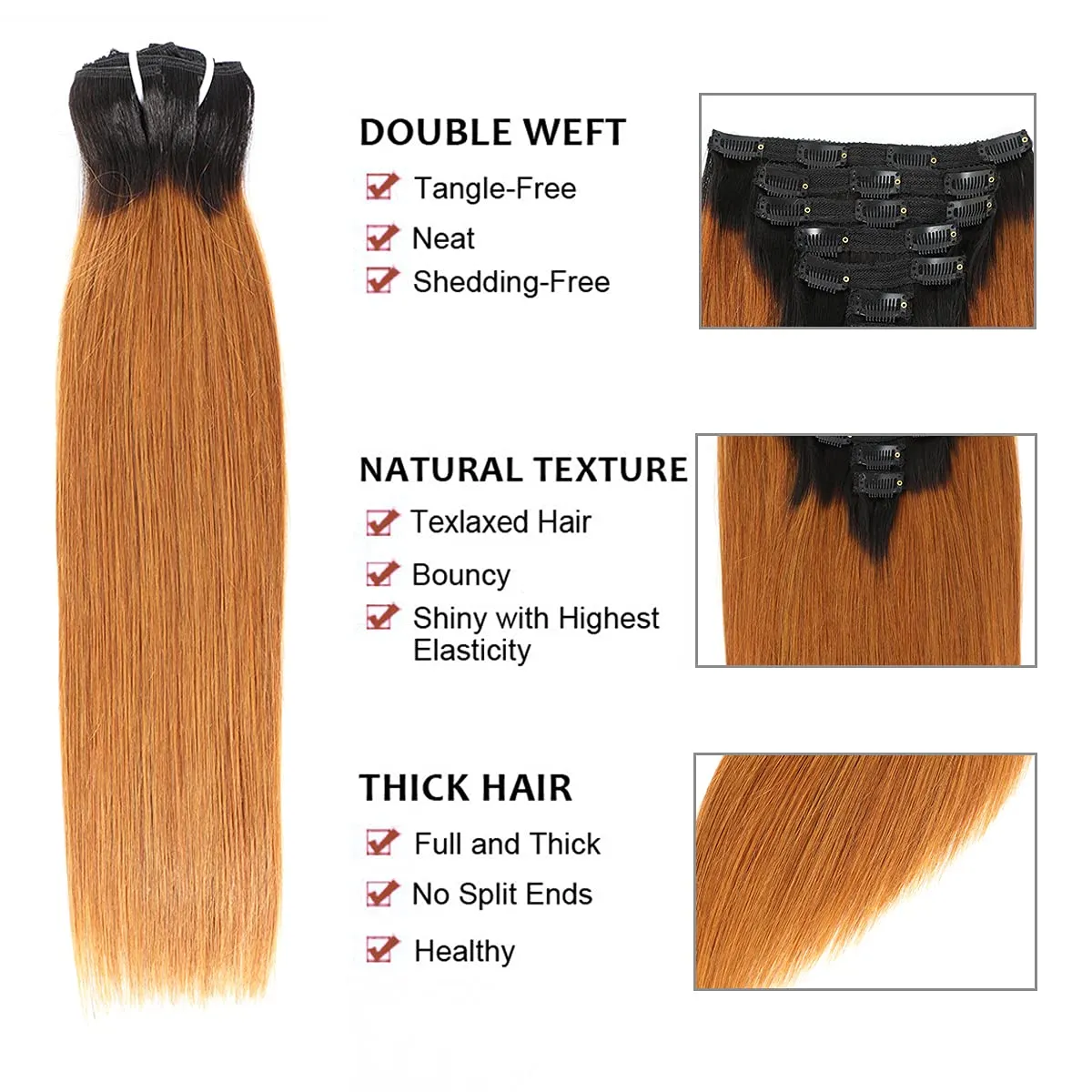 Clip in Hair Extensions Real Human Hair Ombre Brown Clip in Hair Extensions Black Women, 1B/30 Brown Clip In Human Hair Extension, 8pcs Double Weft Handmade Per Set with 18clips 16 Inch