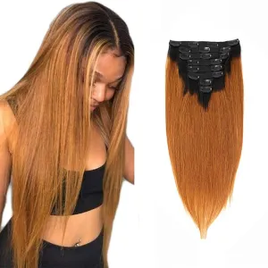 Clip in Hair Extensions Real Human Hair Ombre Brown Clip in Hair Extensions Black Women, 1B/30 Brown Clip In Human Hair Extension, 8pcs Double Weft Handmade Per Set with 18clips 16 Inch