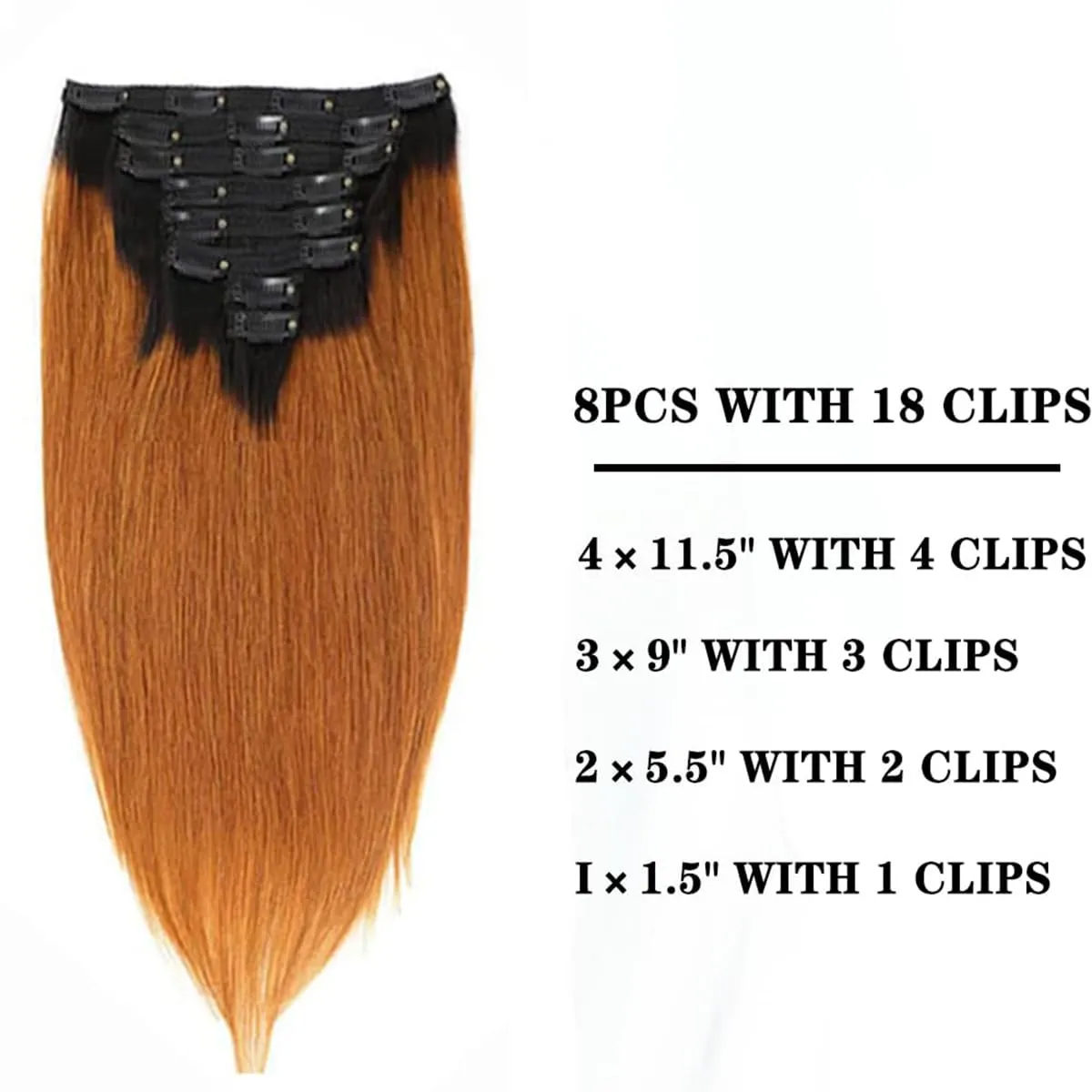 Clip in Hair Extensions Real Human Hair Ombre Brown Clip in Hair Extensions Black Women, 1B/30 Brown Clip In Human Hair Extension, 8pcs Double Weft Handmade Per Set with 18clips 16 Inch