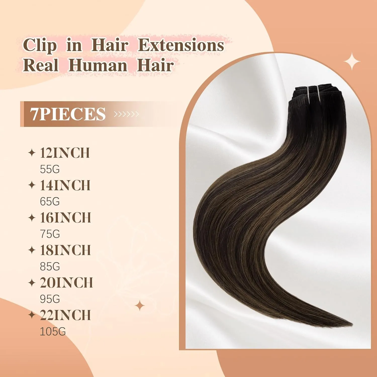 clip in hair extensions real human hair remy hair extensions for Women Straight Natural hair extensions human hair 16inch 75g 7Pcs Balayage Natural Black to Chestnut Brown 1B/6/1B