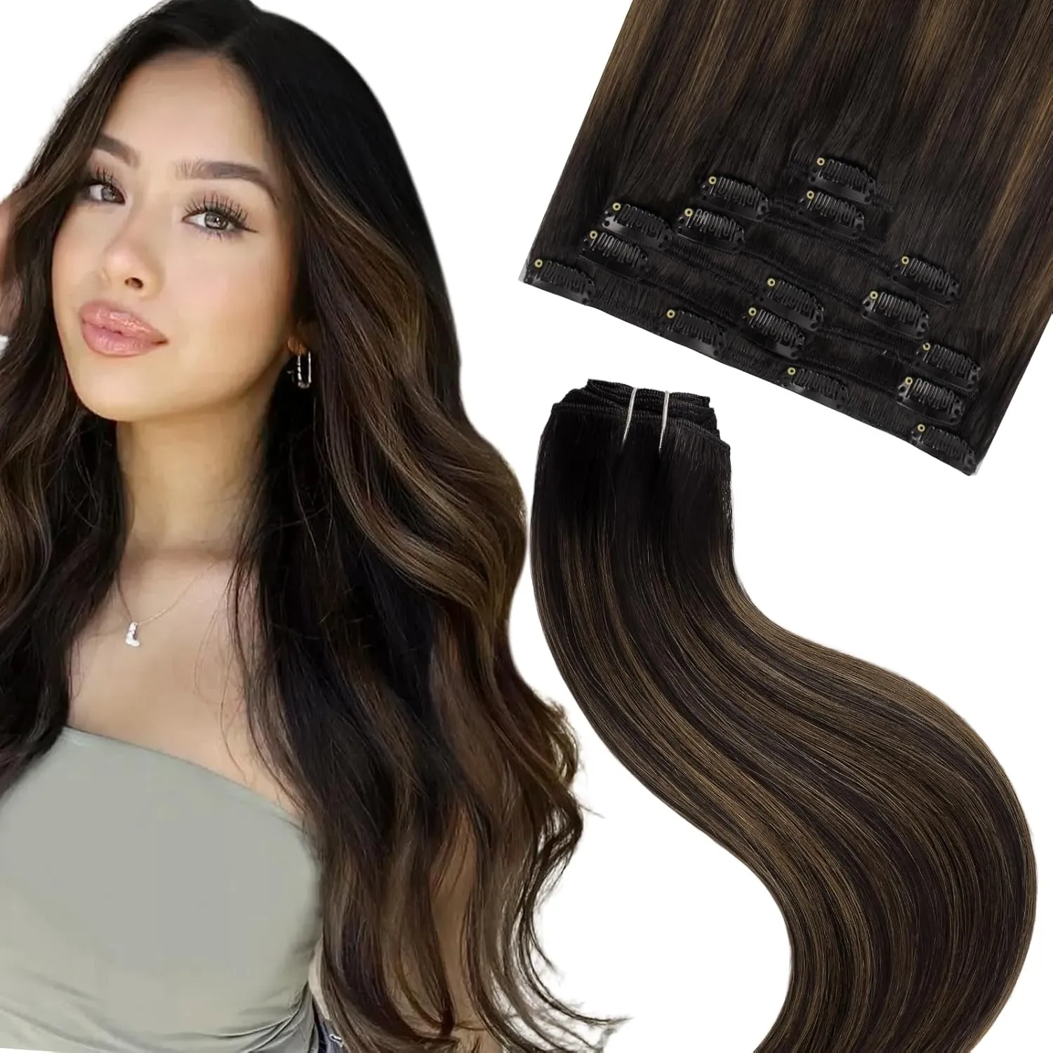 clip in hair extensions real human hair remy hair extensions for Women Straight Natural hair extensions human hair 16inch 75g 7Pcs Balayage Natural Black to Chestnut Brown 1B/6/1B