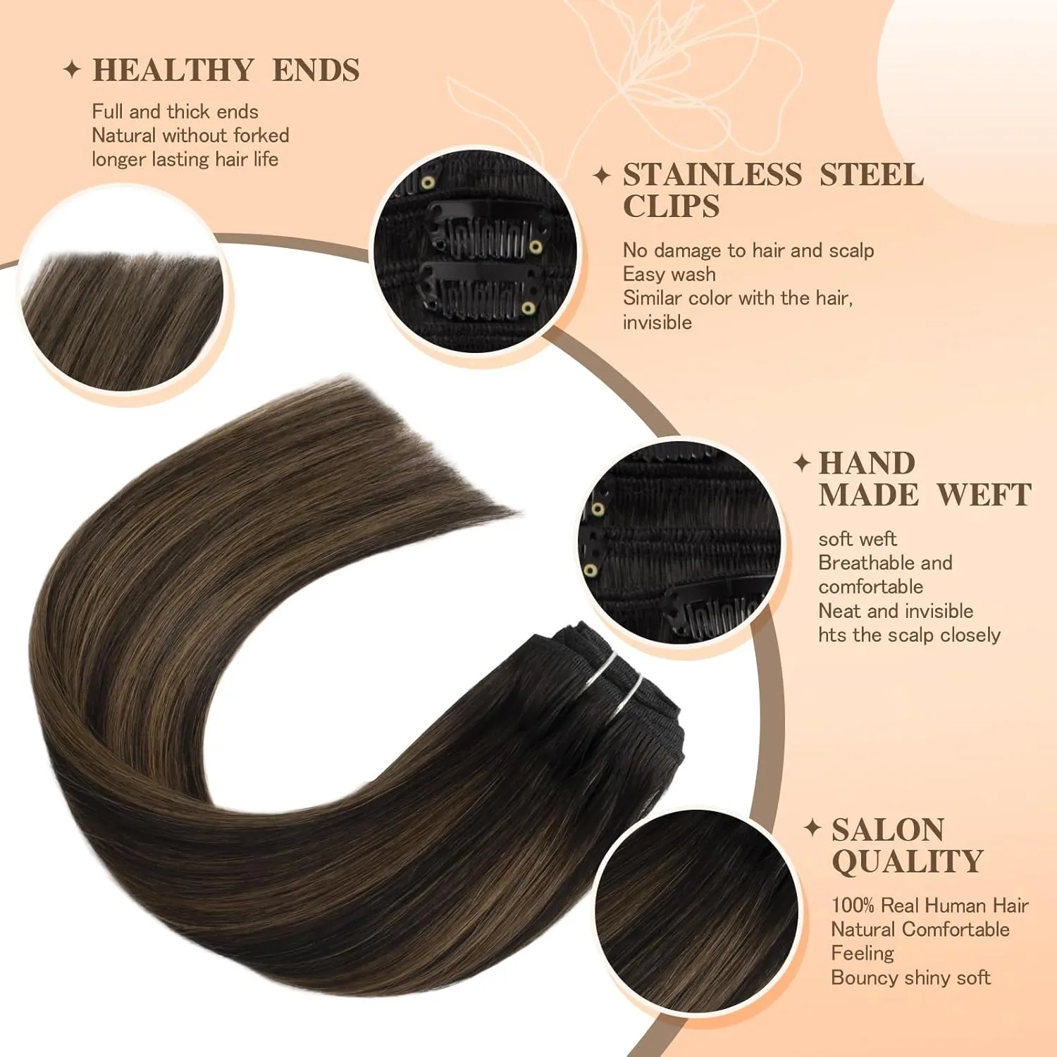 clip in hair extensions real human hair remy hair extensions for Women Straight Natural hair extensions human hair 16inch 75g 7Pcs Balayage Natural Black to Chestnut Brown 1B/6/1B