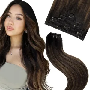 clip in hair extensions real human hair remy hair extensions for Women Straight Natural hair extensions human hair 16inch 75g 7Pcs Balayage Natural Black to Chestnut Brown 1B/6/1B