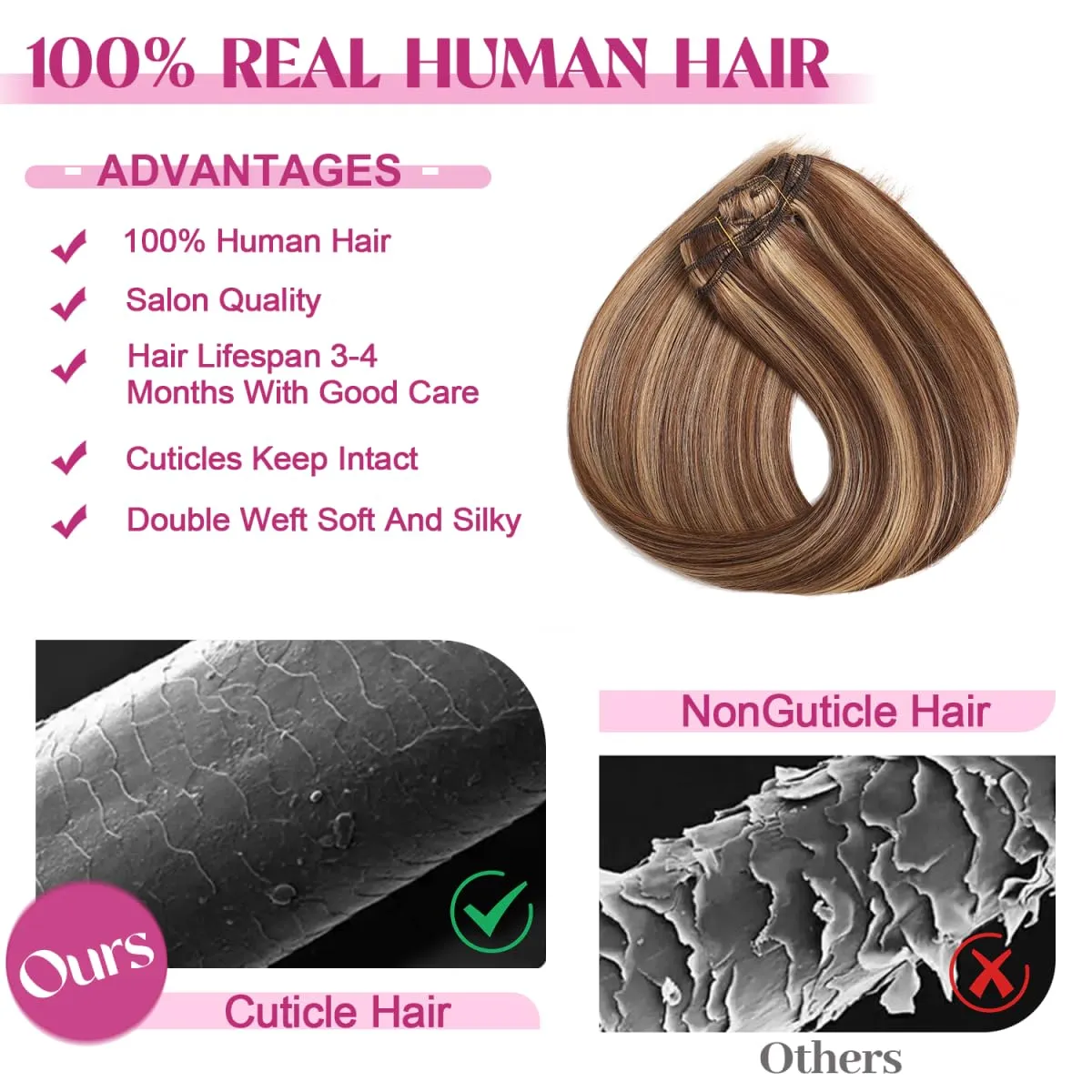Clip in Hair Extensions Real Human Hair, Remy Human Hair Extensions Clip ins for Women, 100% Natural Human Hair, Double Weftm, 16inch 90g 8Pcs, #4/27 Chocolate Brown to Honey Blonde