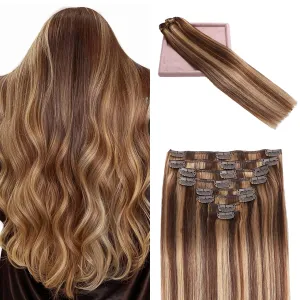 Clip in Hair Extensions Real Human Hair, Remy Human Hair Extensions Clip ins for Women, 100% Natural Human Hair, Double Weftm, 16inch 90g 8Pcs, #4/27 Chocolate Brown to Honey Blonde