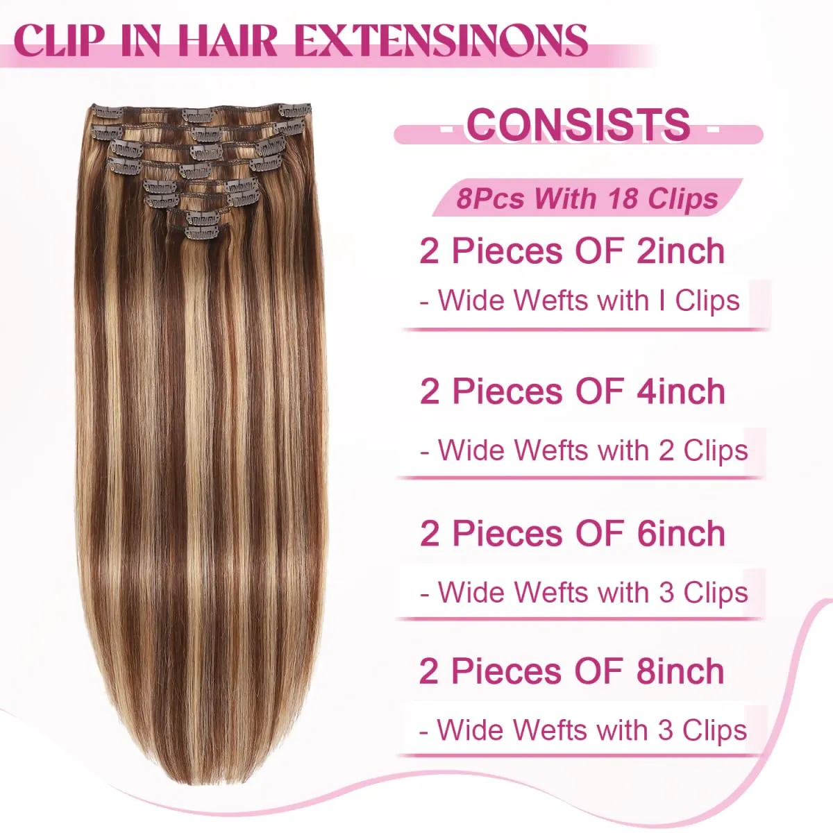 Clip in Hair Extensions Real Human Hair, Remy Human Hair Extensions Clip ins for Women, 100% Natural Human Hair, Double Weftm, 16inch 90g 8Pcs, #4/27 Chocolate Brown to Honey Blonde