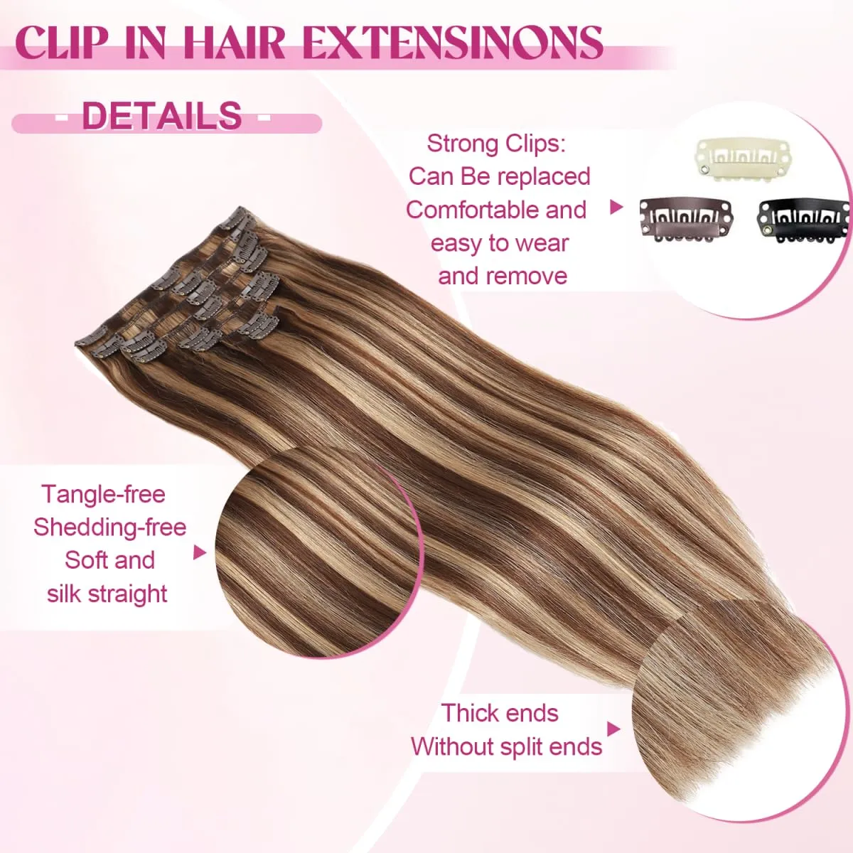 Clip in Hair Extensions Real Human Hair, Remy Human Hair Extensions Clip ins for Women, 100% Natural Human Hair, Double Weftm, 16inch 90g 8Pcs, #4/27 Chocolate Brown to Honey Blonde