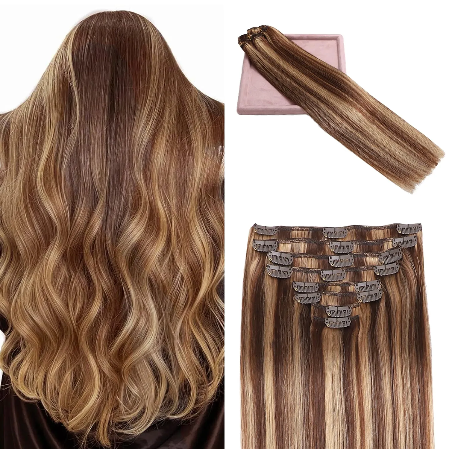 Clip in Hair Extensions Real Human Hair, Remy Human Hair Extensions Clip ins for Women, 100% Natural Human Hair, Double Weftm, 16inch 90g 8Pcs, #4/27 Chocolate Brown to Honey Blonde