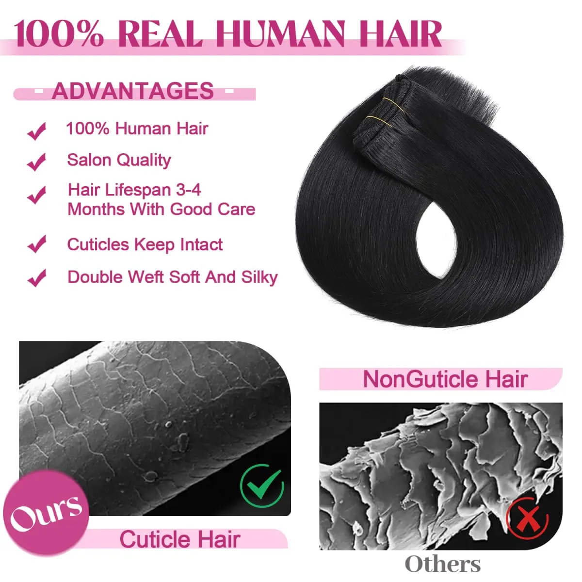 Clip in Hair Extensions Real Human Hair, Remy Human Hair Extensions Clip ins for Women, 100% Natural Human Hair, Double Weftm, 20inch 105g 8Pcs, #1 Jet Black