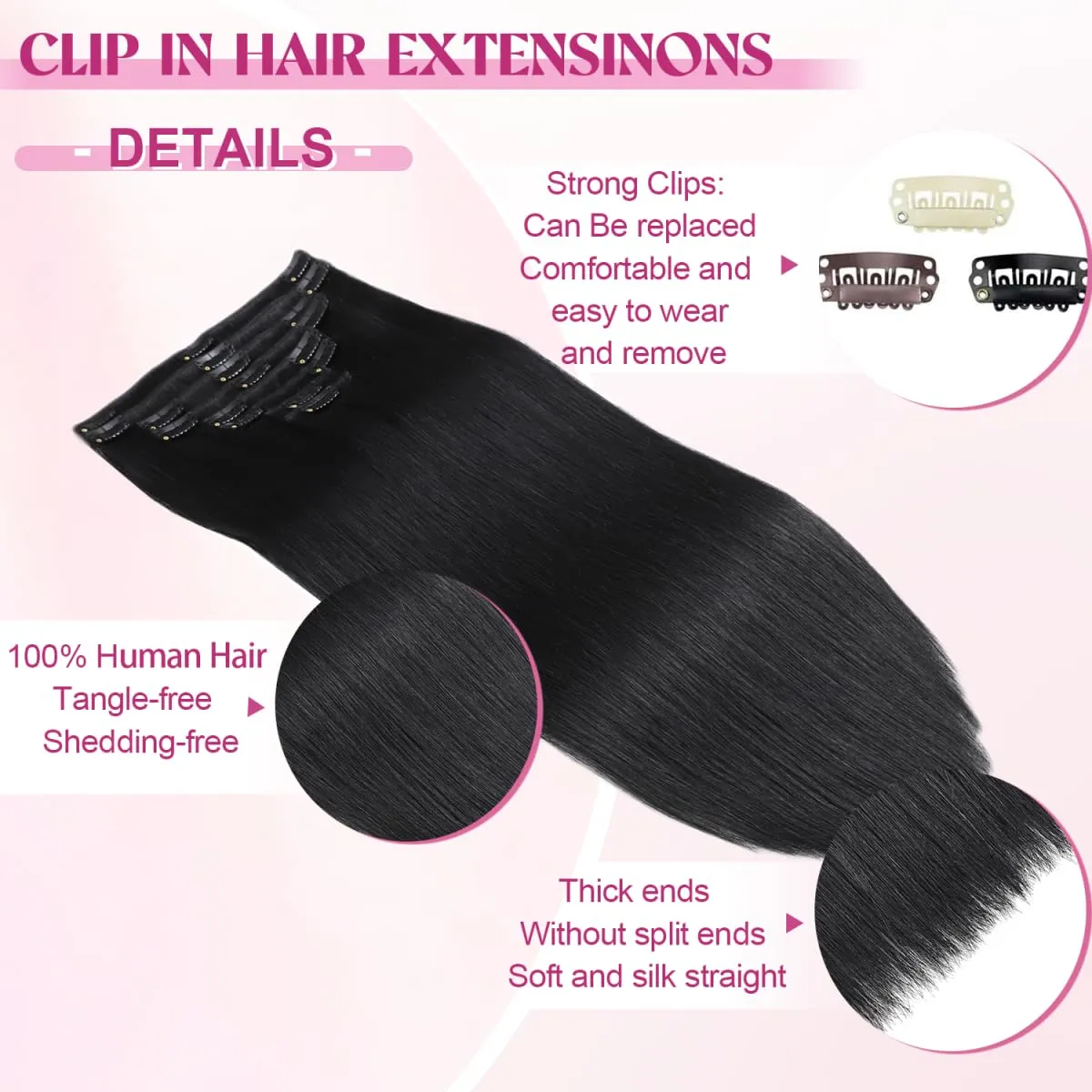 Clip in Hair Extensions Real Human Hair, Remy Human Hair Extensions Clip ins for Women, 100% Natural Human Hair, Double Weftm, 20inch 105g 8Pcs, #1 Jet Black