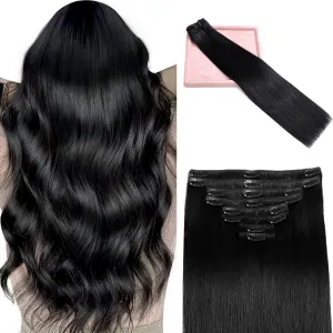 Clip in Hair Extensions Real Human Hair, Remy Human Hair Extensions Clip ins for Women, 100% Natural Human Hair, Double Weftm, 20inch 105g 8Pcs, #1 Jet Black