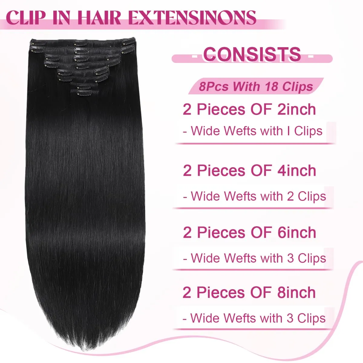 Clip in Hair Extensions Real Human Hair, Remy Human Hair Extensions Clip ins for Women, 100% Natural Human Hair, Double Weftm, 20inch 105g 8Pcs, #1 Jet Black