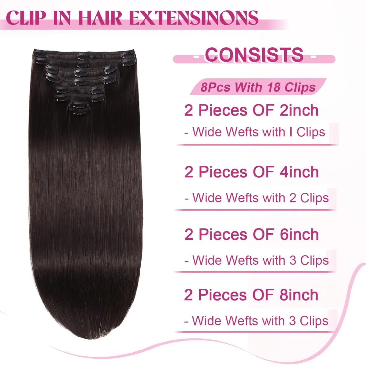 Clip in Hair Extensions Real Human Hair, Remy Human Hair Extensions Clip ins for Women, 100% Natural Human Hair, Double Weftm, 20inch 105g 8Pcs, #2 Dark Brown