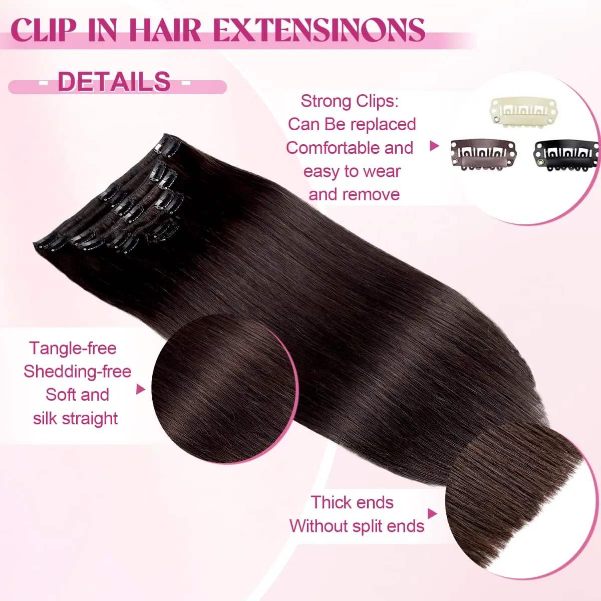Clip in Hair Extensions Real Human Hair, Remy Human Hair Extensions Clip ins for Women, 100% Natural Human Hair, Double Weftm, 20inch 105g 8Pcs, #2 Dark Brown
