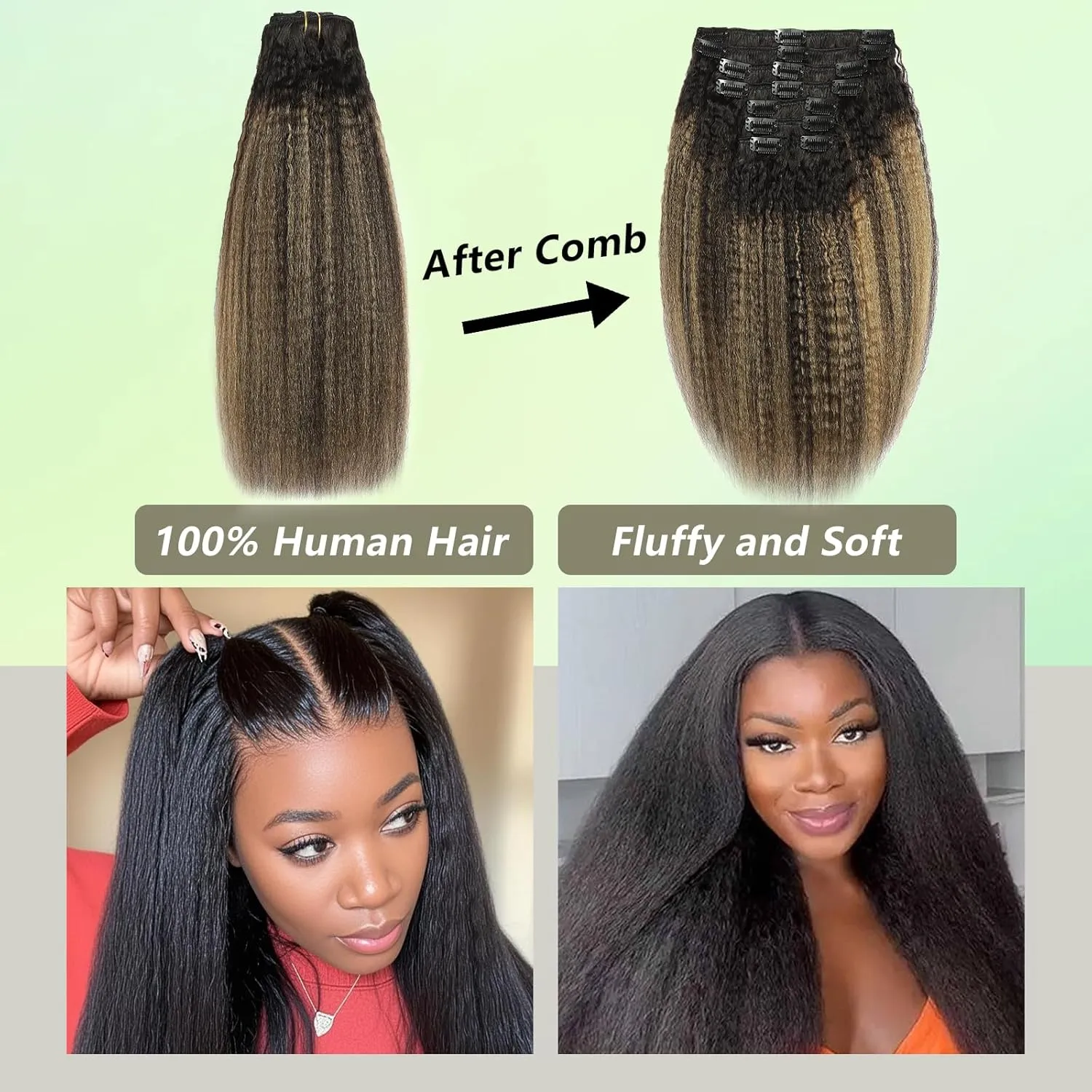 Clip In Hair Extensions Real Human Hair Root Natural Black #1B to Caramel Blonde #27 Yaki Straight Clip Ins Hair Extensions For Women Invisible & Scalp-Friendly Clip in Extensions (120g 8pcs 14 Inch)