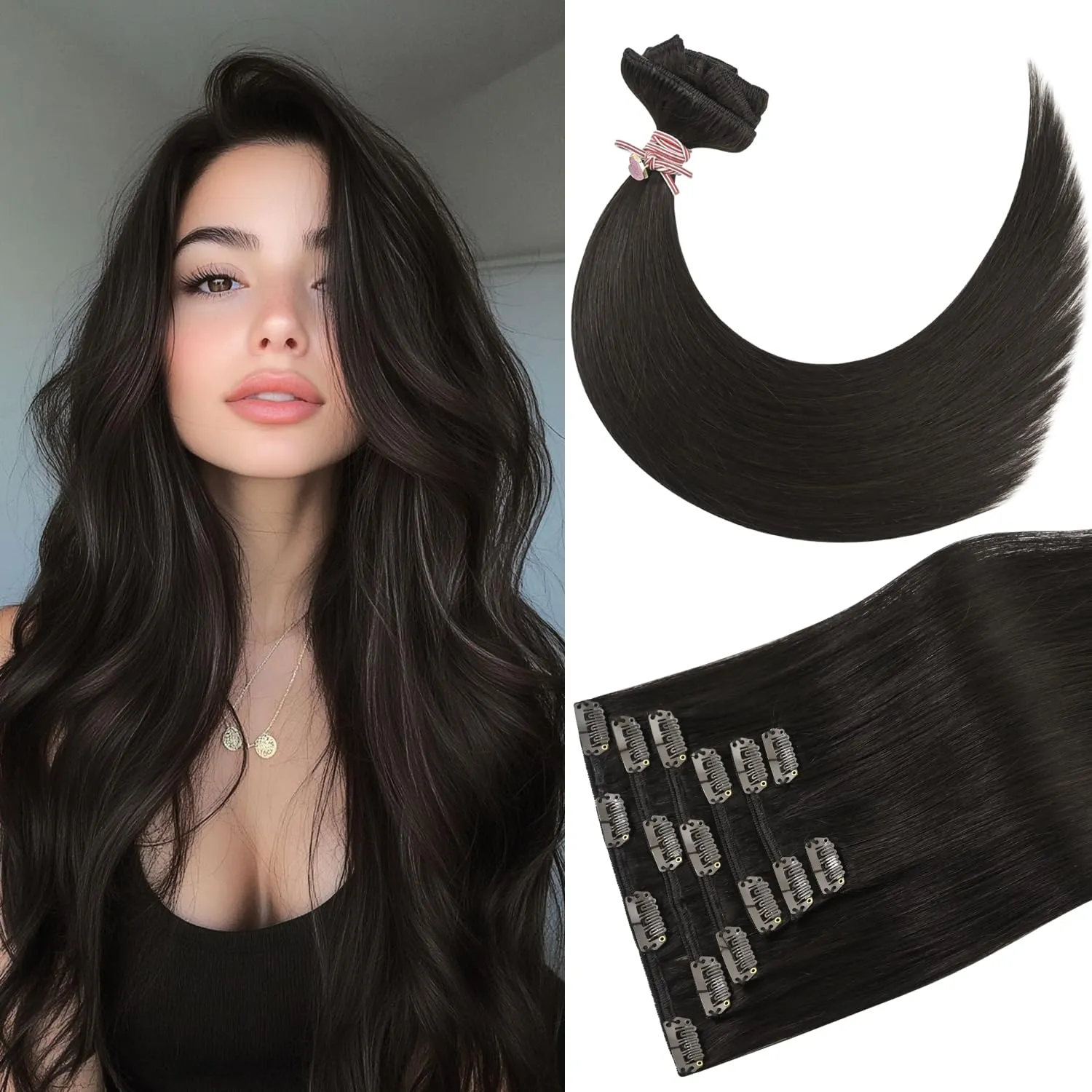 Clip in Hair Extensions Remy Natural Human Hair for Women 15 Inch 75g Full Head Dark Brown Hair Extensions Real Human Hair Clip ins Soft Silky Straight Hair