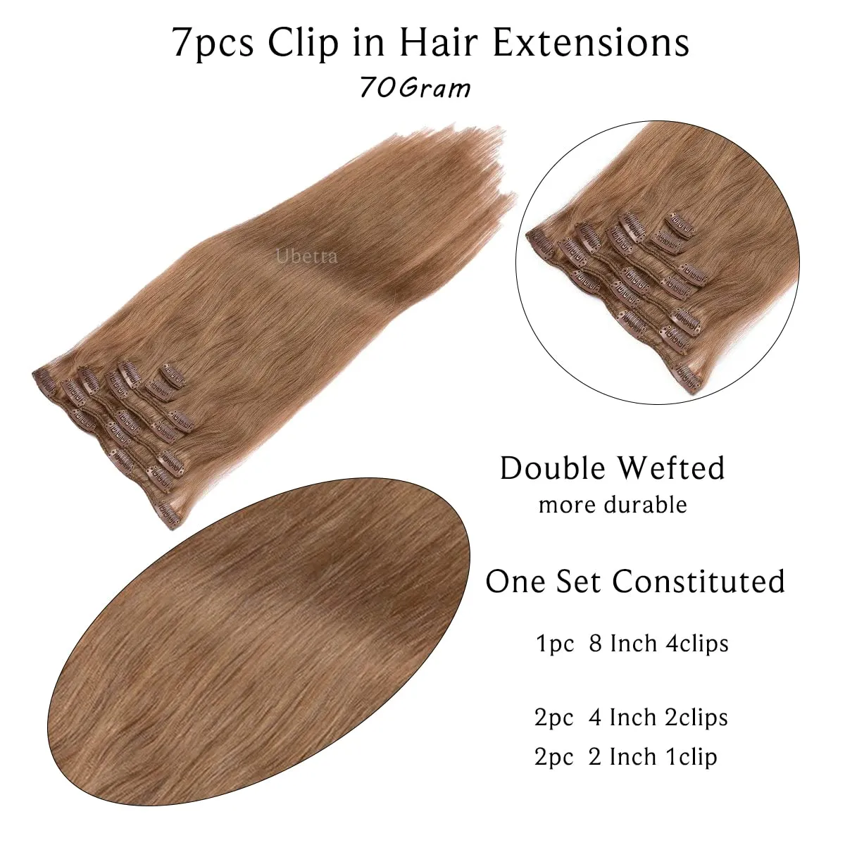 Clip in Hair Extensions Silky Straight Human Hair Clip in Remy Real Hair Extensions Golden Brown 7 Pieces 70G Double Weft Clip on Hair for Women