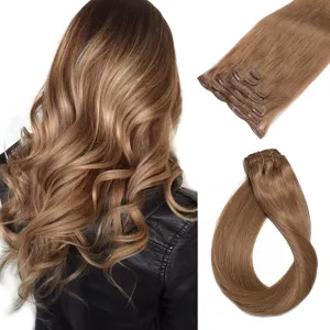 Clip in Hair Extensions Silky Straight Human Hair Clip in Remy Real Hair Extensions Golden Brown 7 Pieces 70G Double Weft Clip on Hair for Women
