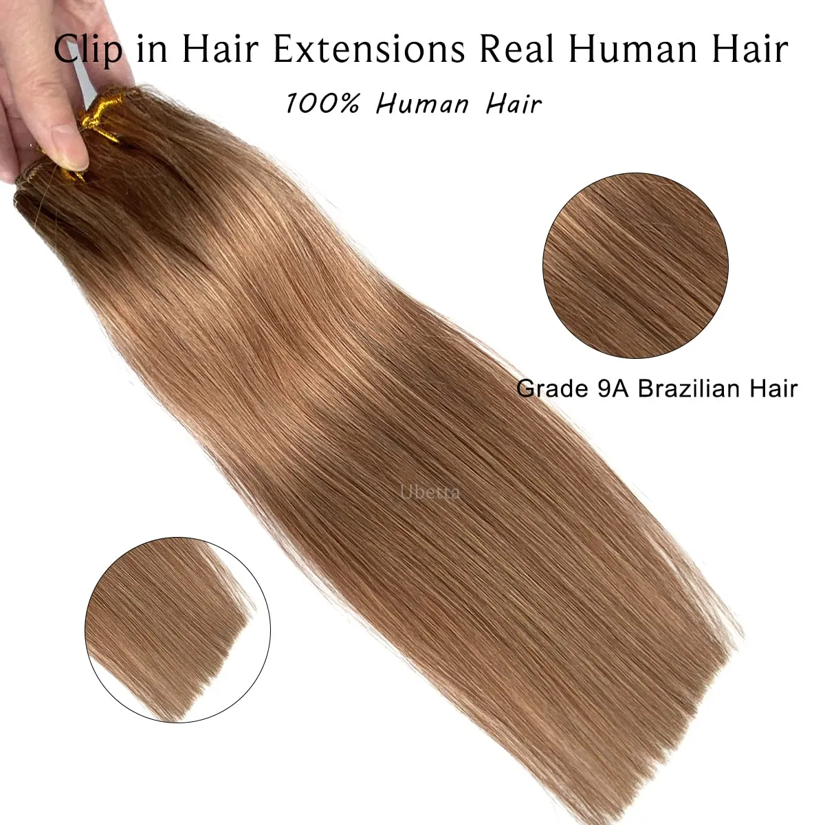Clip in Hair Extensions Silky Straight Human Hair Clip in Remy Real Hair Extensions Golden Brown 7 Pieces 70G Double Weft Clip on Hair for Women
