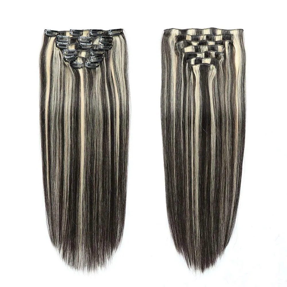 Clip in Hair Extensions Silky Straight Weft Remy Hair Color Double Weft Real Human Hair Clip on for Women and Girls Full Head 8 Pieces, 17 Clips,24inch (60cm) 120g
