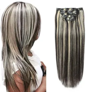 Clip in Hair Extensions Silky Straight Weft Remy Hair Color Double Weft Real Human Hair Clip on for Women and Girls Full Head 8 Pieces, 17 Clips,24inch (60cm) 120g