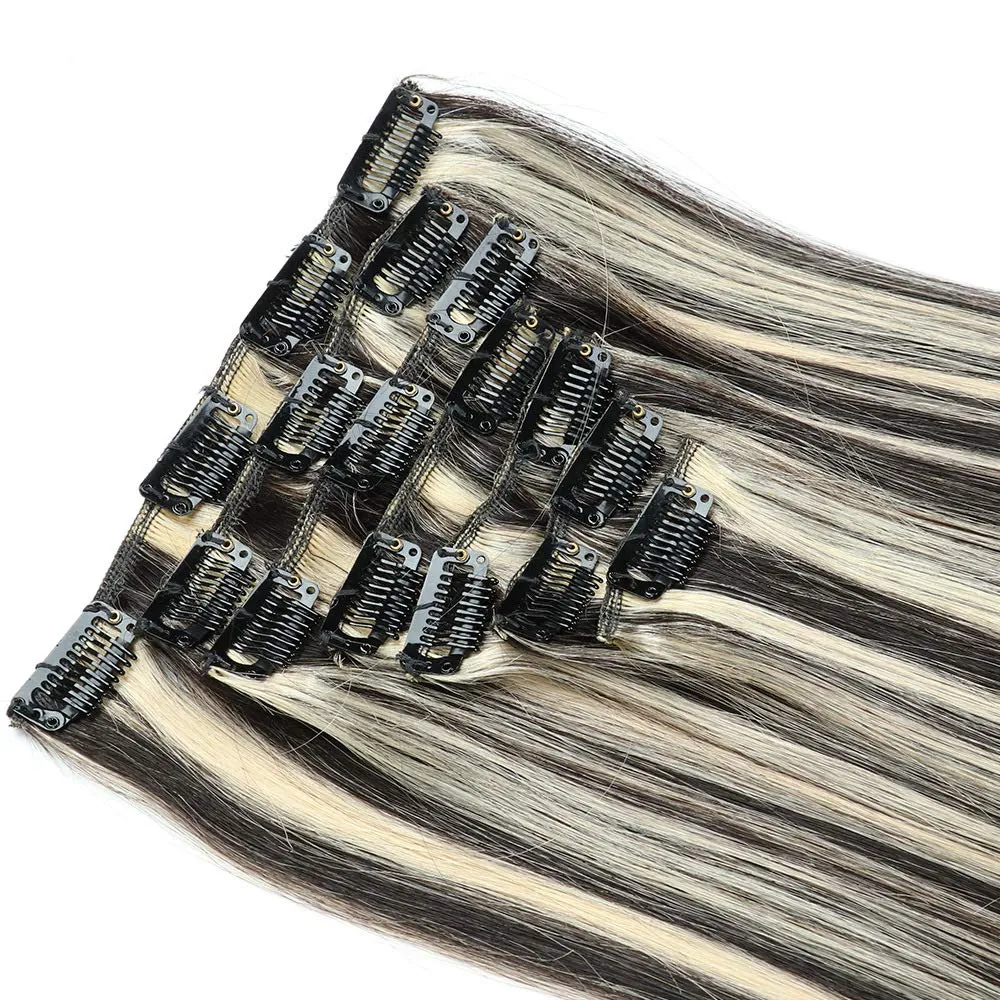 Clip in Hair Extensions Silky Straight Weft Remy Hair Color Double Weft Real Human Hair Clip on for Women and Girls Full Head 8 Pieces, 17 Clips,24inch (60cm) 120g