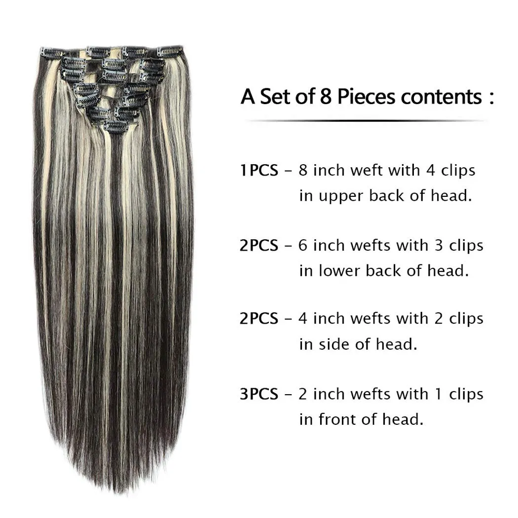 Clip in Hair Extensions Silky Straight Weft Remy Hair Color Double Weft Real Human Hair Clip on for Women and Girls Full Head 8 Pieces, 17 Clips,24inch (60cm) 120g