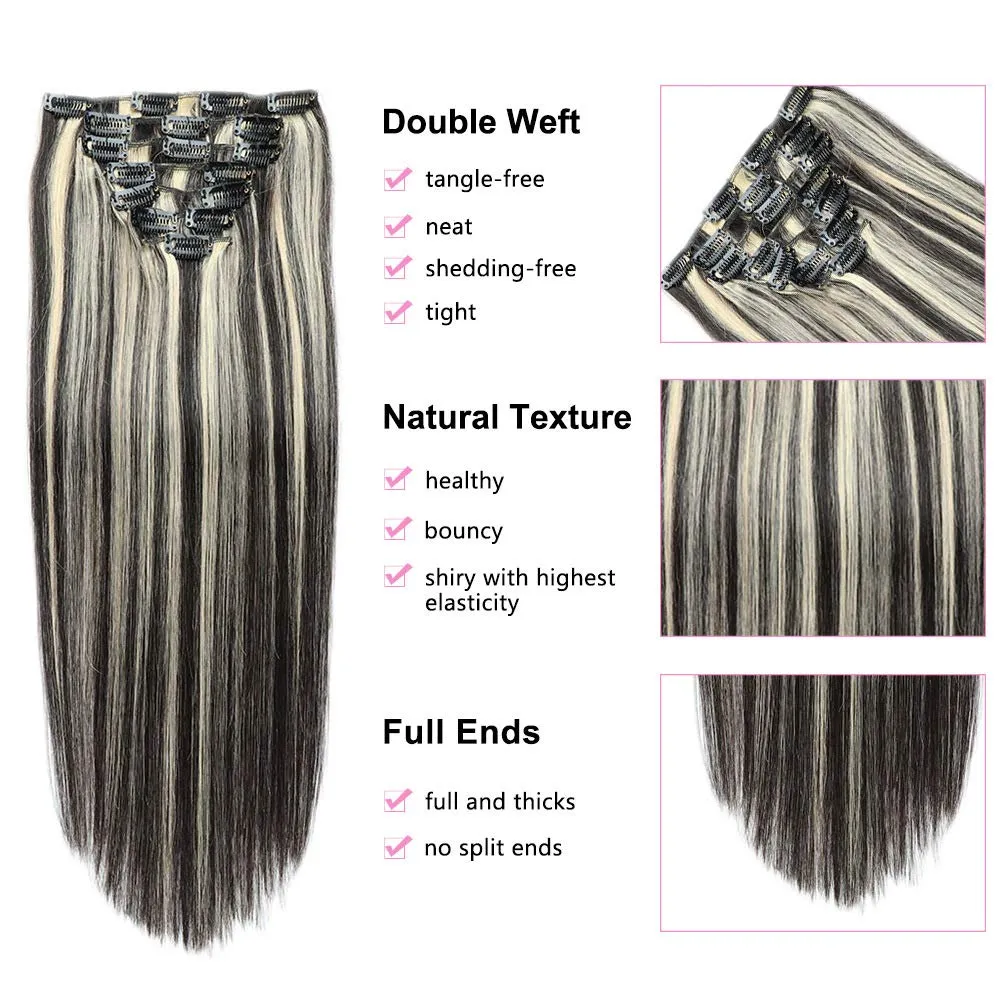 Clip in Hair Extensions Silky Straight Weft Remy Hair Color Double Weft Real Human Hair Clip on for Women and Girls Full Head 8 Pieces, 17 Clips,24inch (60cm) 120g