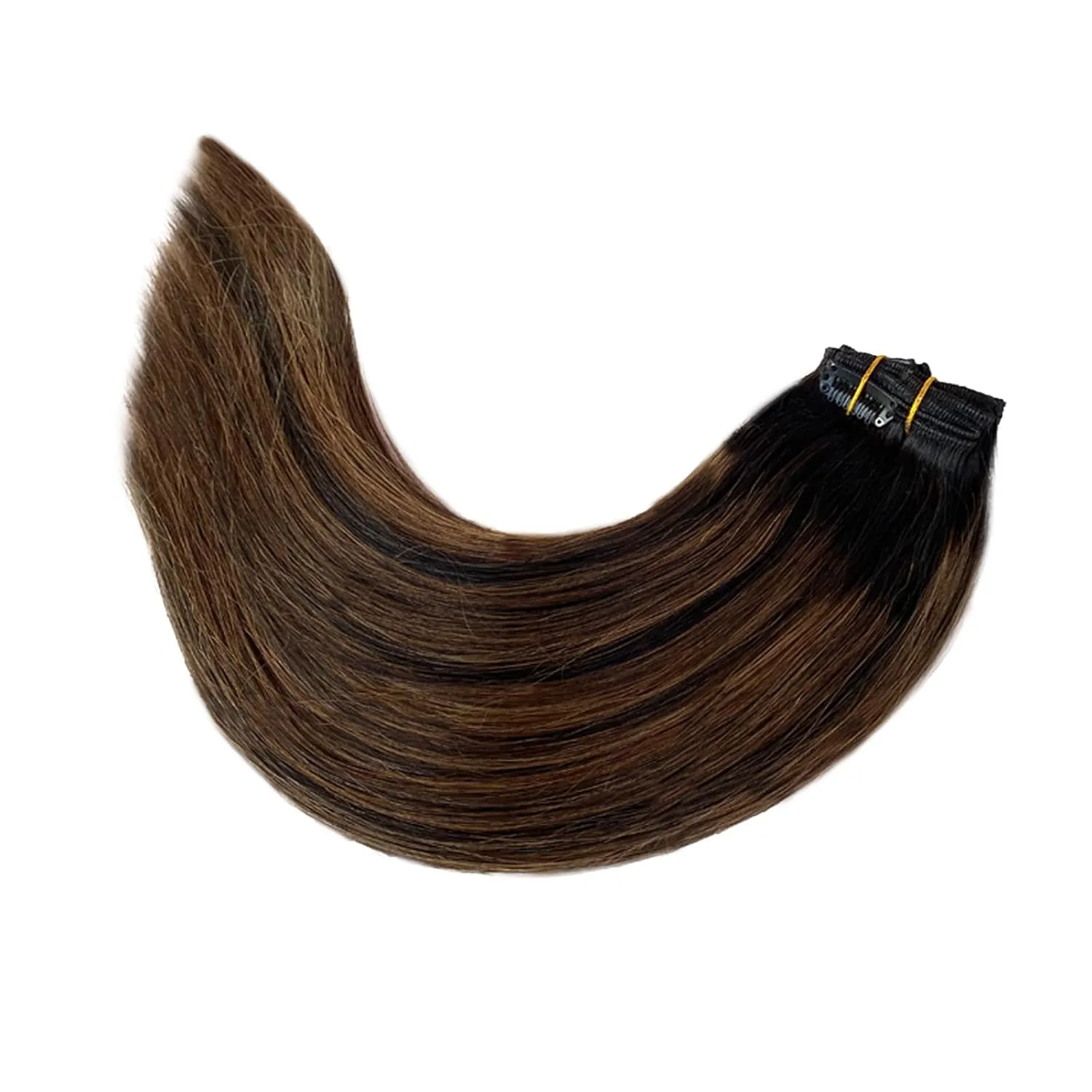 Clip in Human Hair Extensions Black to Light Brown Ombre Clip in Hair Extensions Straight Soft Clip in Remy Human Hair Extensions for Women 7PCS 70G 12"
