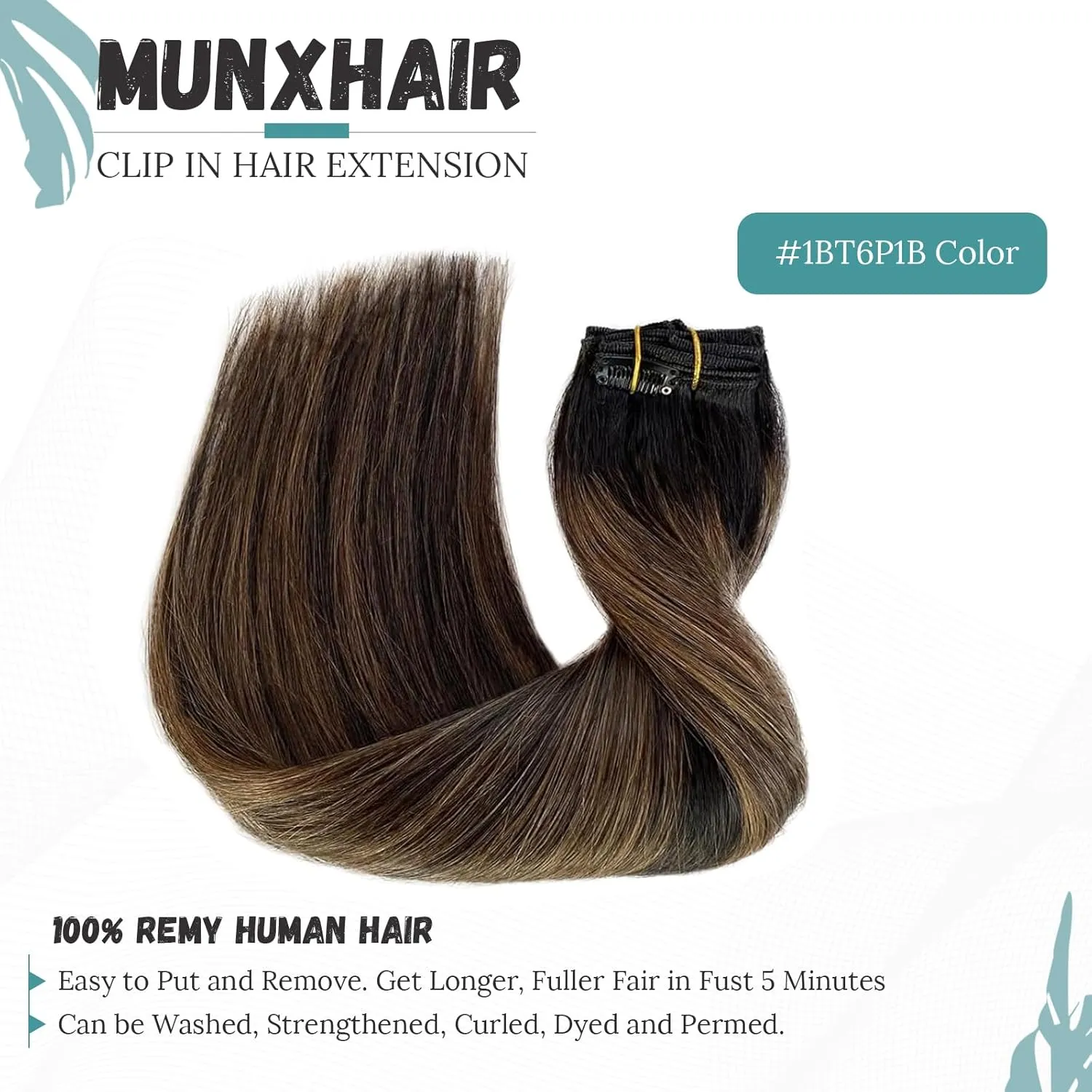 Clip in Human Hair Extensions Black to Light Brown Ombre Clip in Hair Extensions Straight Soft Clip in Remy Human Hair Extensions for Women 7PCS 70G 12"
