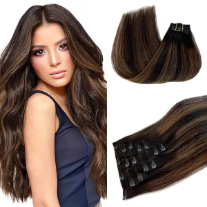 Clip in Human Hair Extensions Black to Light Brown Ombre Clip in Hair Extensions Straight Soft Clip in Remy Human Hair Extensions for Women 7PCS 70G 12"