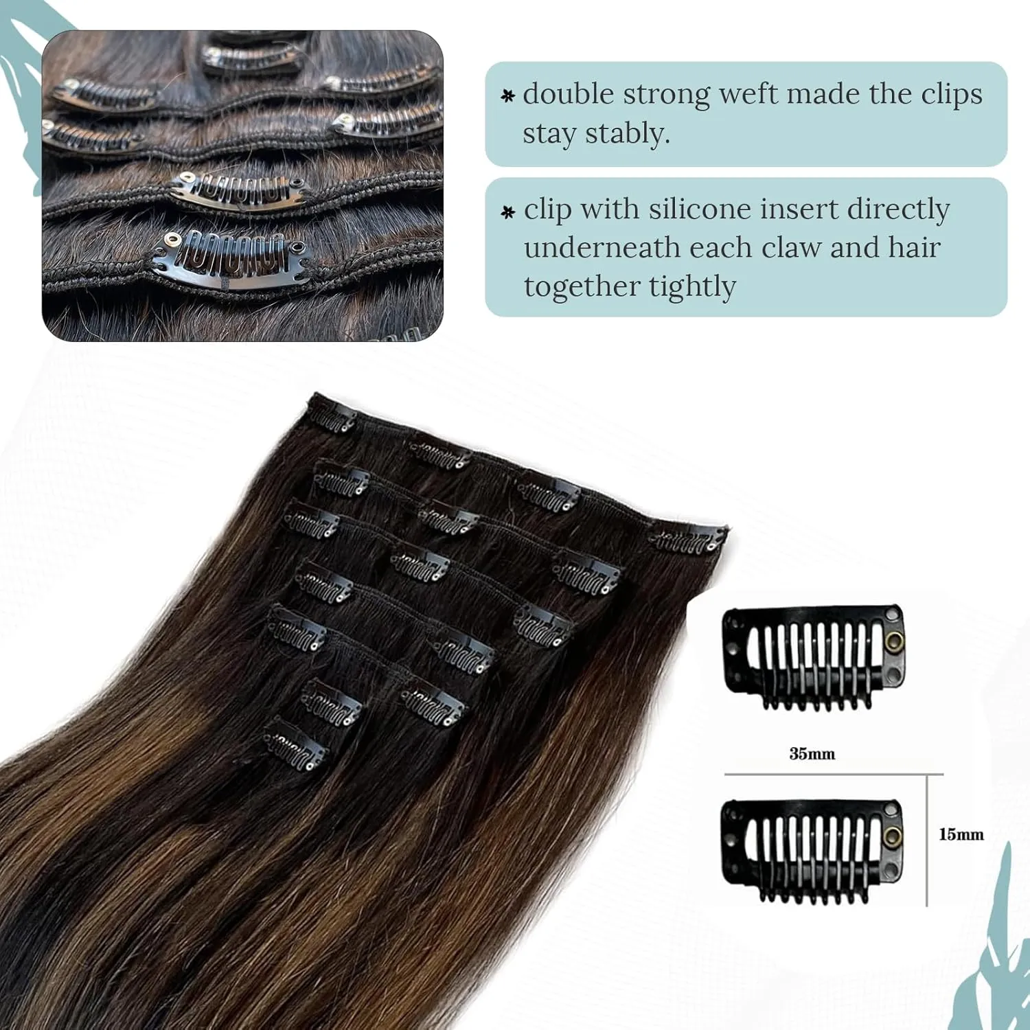 Clip in Human Hair Extensions Black to Light Brown Ombre Clip in Hair Extensions Straight Soft Clip in Remy Human Hair Extensions for Women 7PCS 70G 12"