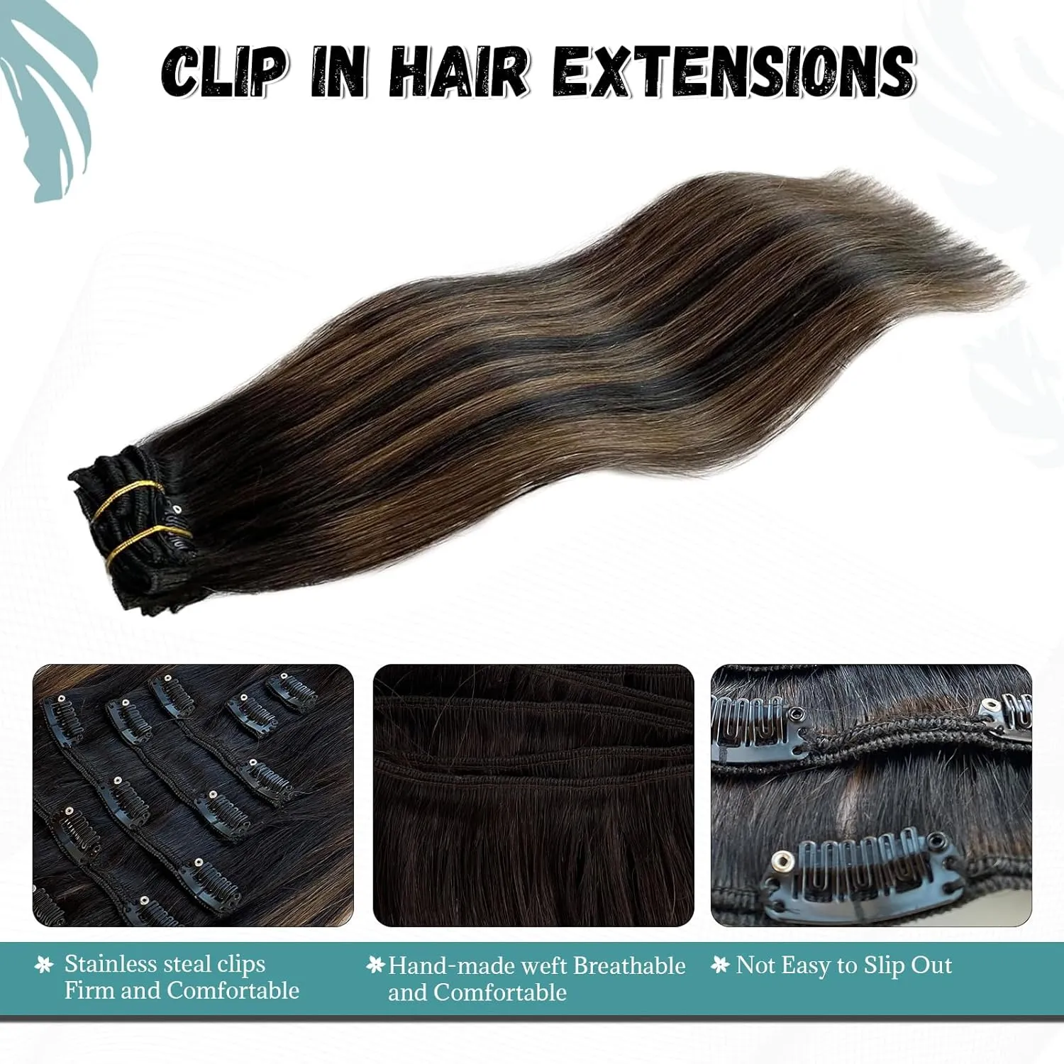 Clip in Human Hair Extensions Black to Light Brown Ombre Clip in Hair Extensions Straight Soft Clip in Remy Human Hair Extensions for Women 7PCS 70G 12"