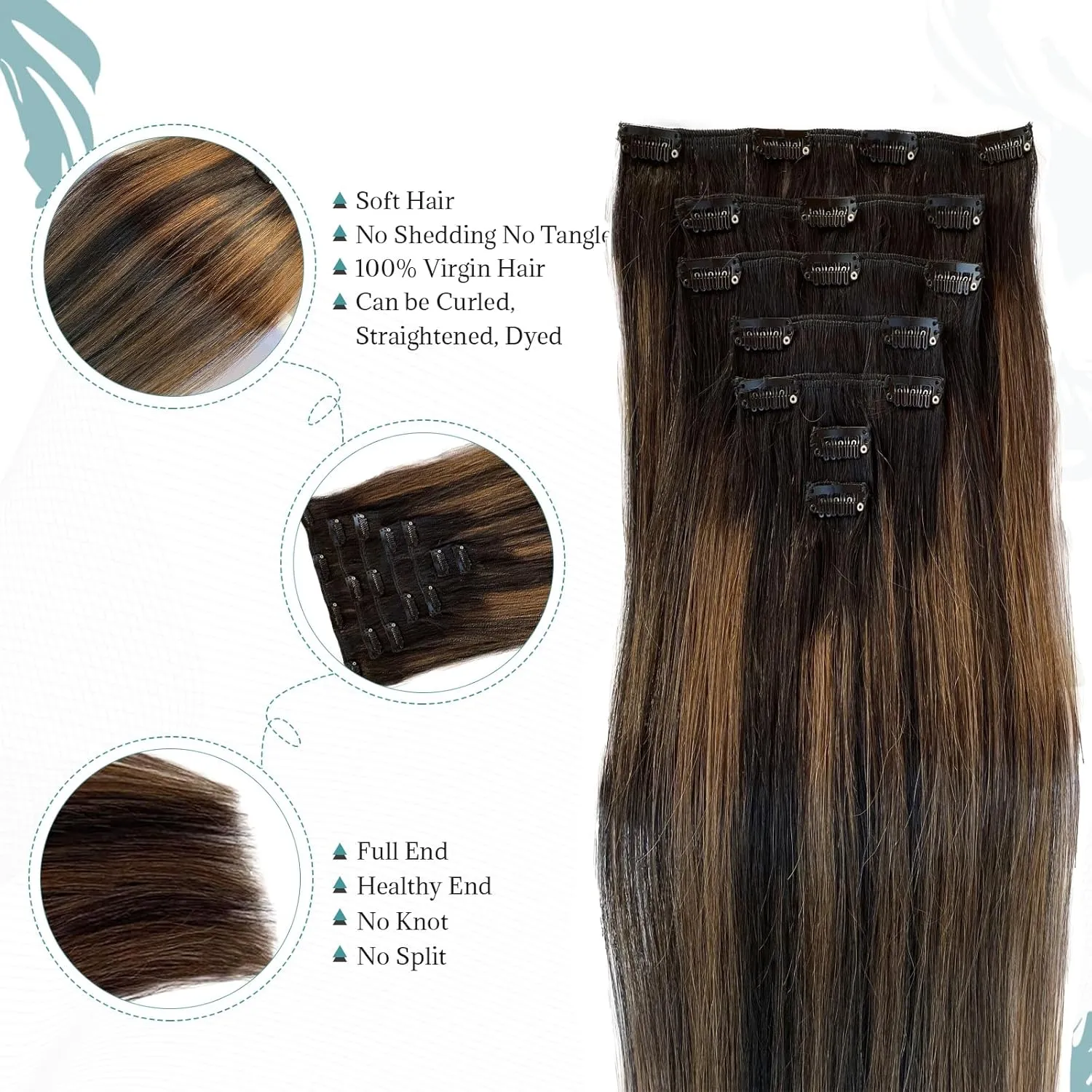 Clip in Human Hair Extensions Black to Light Brown Ombre Clip in Hair Extensions Straight Soft Clip in Remy Human Hair Extensions for Women 7PCS 70G 12"