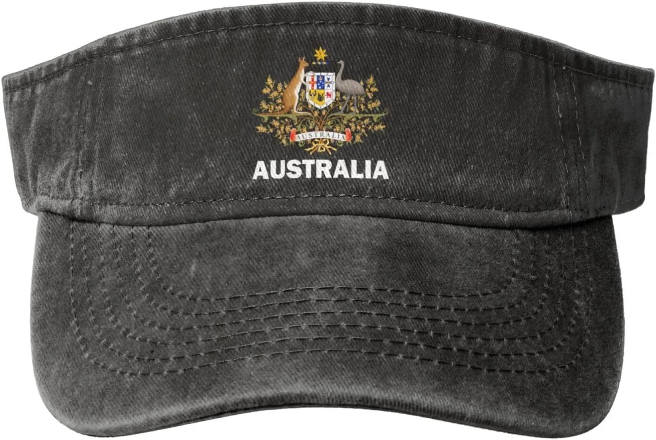 Coat of Arms of Australia Flag Washed Denim Visor Hat for Men & Women, Adjustable Sun Cap with UV Protection