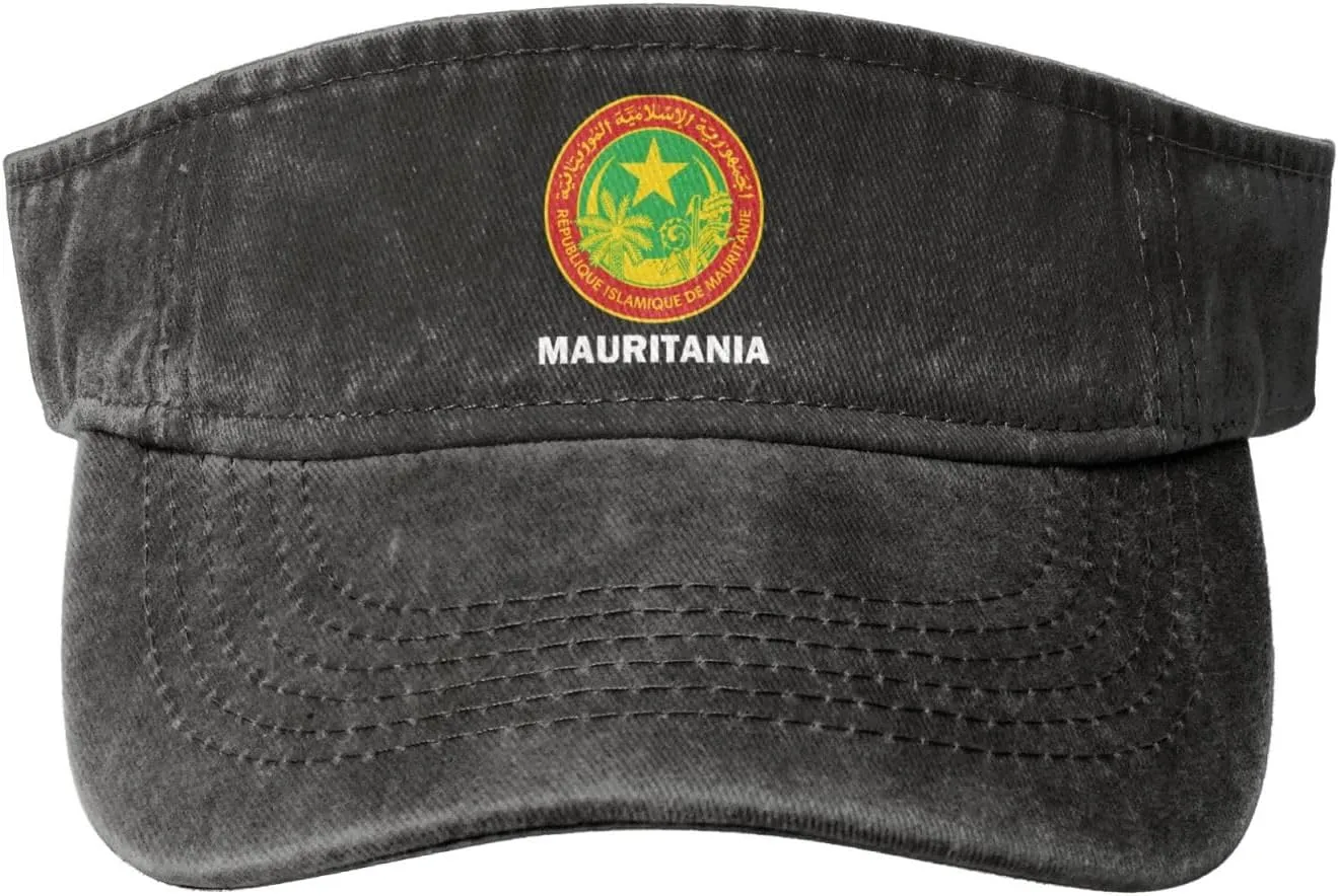 Coat of Arms of Mauritania Flag Washed Denim Visor Hat for Men & Women, Adjustable Sun Cap with UV Protection
